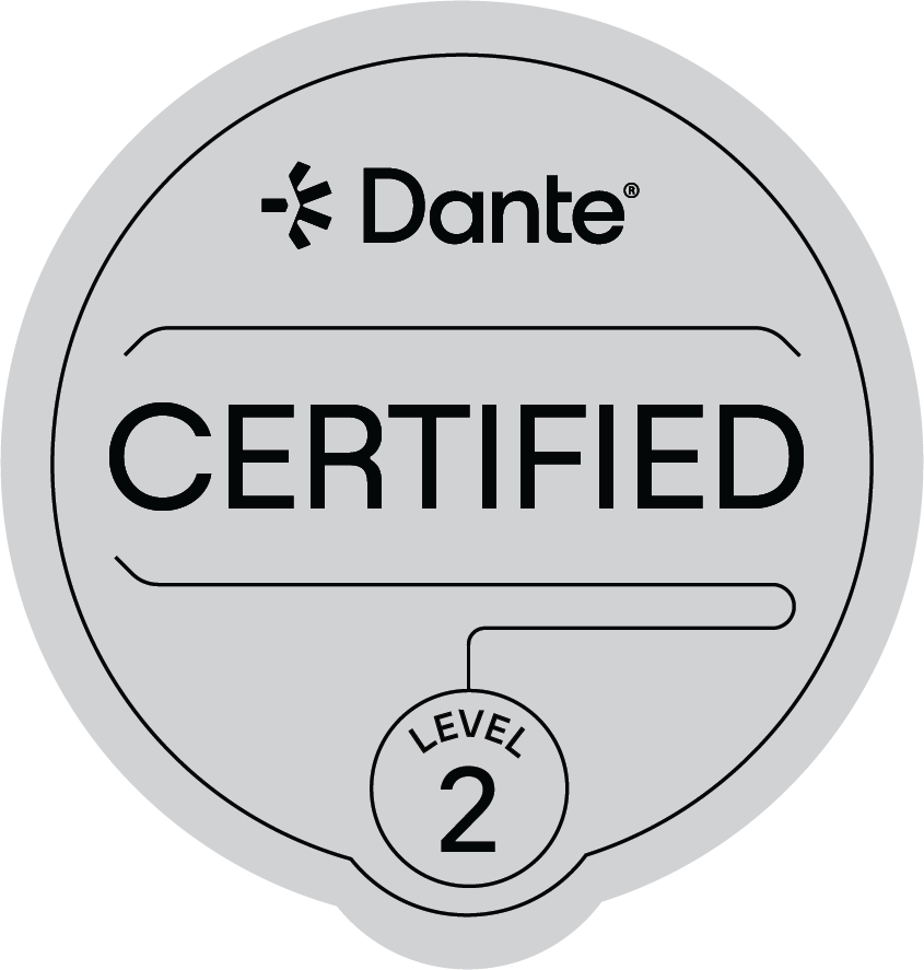 A grayscale certification badge with the word "CERTIFIED" in large letters, the brand name "Dante" at the top, and a small circle at the bottom indicating "LEVEL 2."