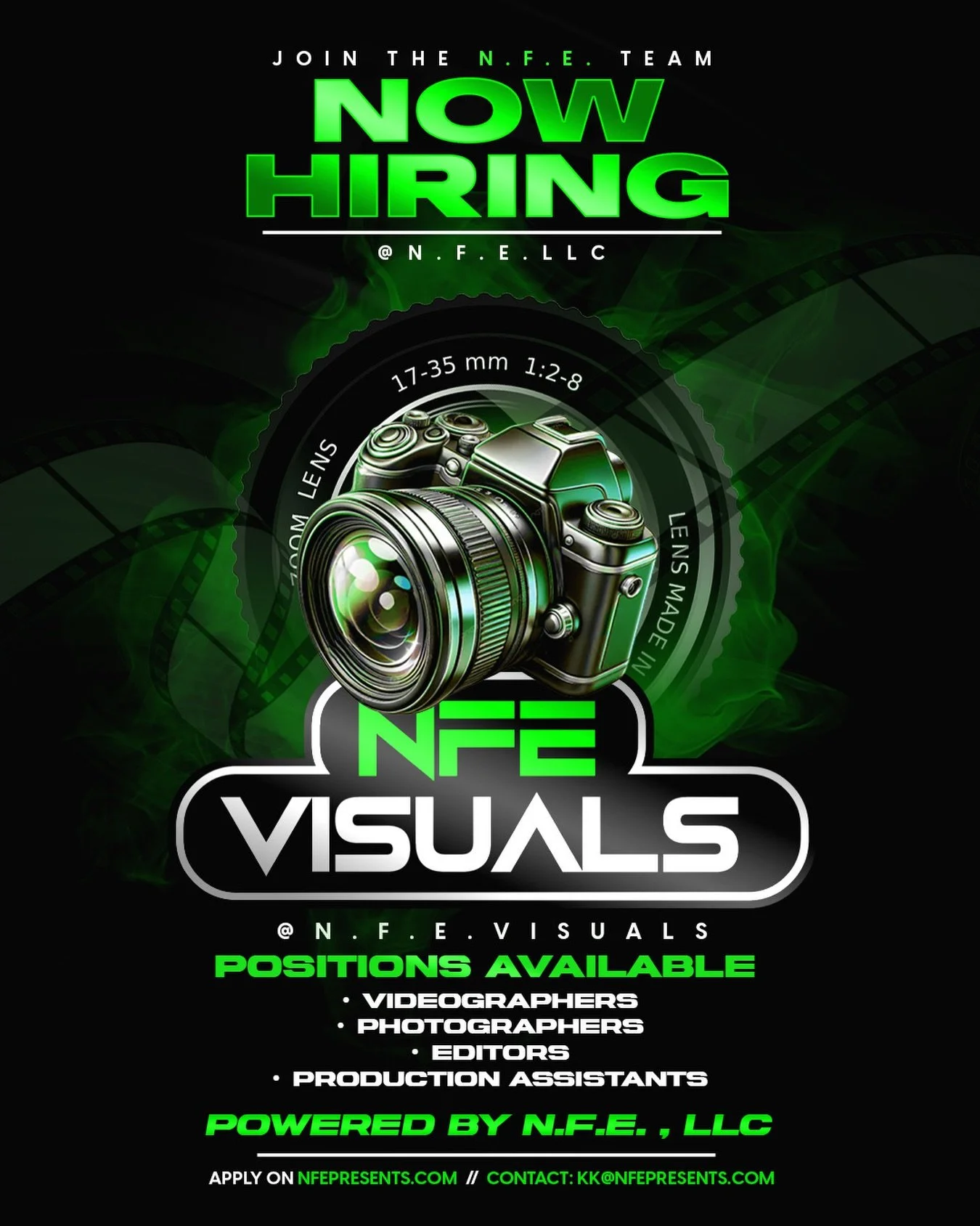 NFE VISUALS IS NOW HIRING 🎥📸

We&rsquo;re expanding the visual team for upcoming projects, events, and ongoing content.

Positions open:
&bull; Videographers
&bull; Photographers
&bull; Editors
&bull; Production Assistants

This is for creatives wh