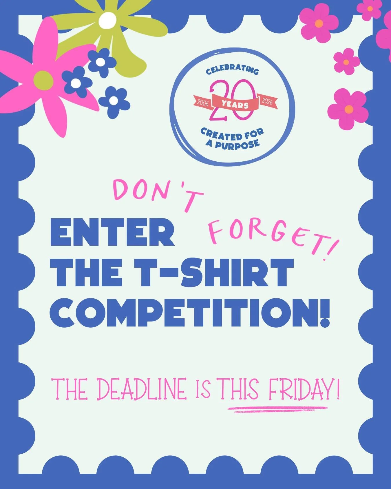 Don't forget! The deadline to submit your 20th anniversary t-shirt design is this Friday!

Submit your artwork before Friday night to be considered, link in bio.