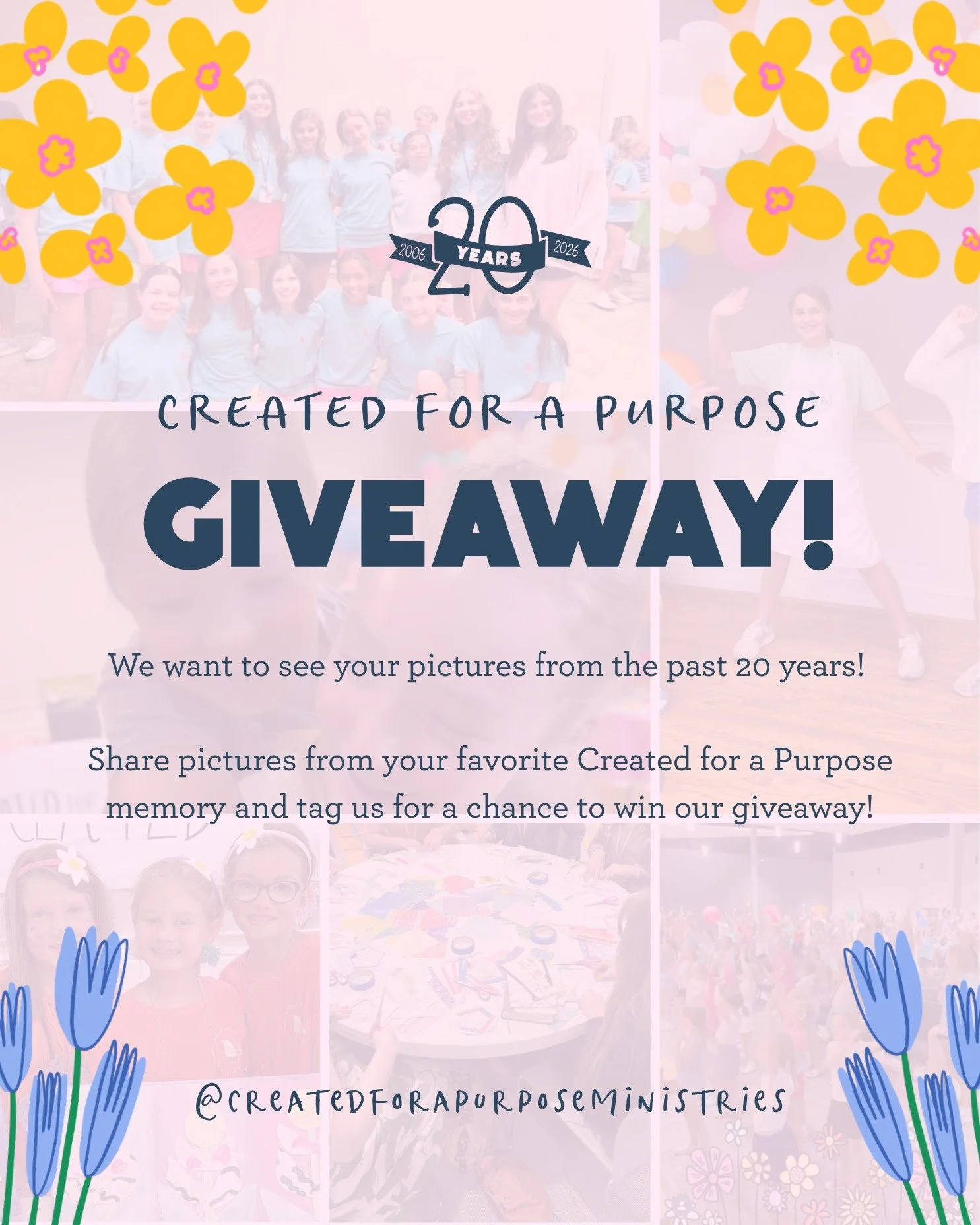 We want to see your pictures from the past 20 years! Share pictures from your favorite Created for a Purpose memory, tag us and the sweet friends who made those memories with you!

Tag us and be entered to win some Created for a Purpose merch!