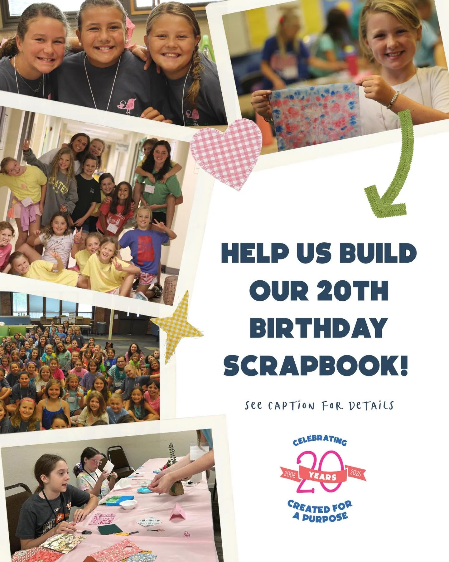 20 years of masterpieces and every single one has a story. 

As we celebrate our 20th Birthday we want to hear YOURS. Whether you were a camper, volunteer, or a Created for a Purpose mom, your memory is part of our legacy.

Help us build our 20th Bir