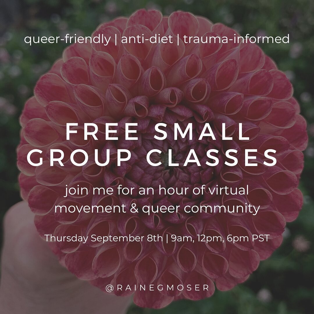 | Join me for an hour of virtual movement &amp; queer community on Thursday, September 8th 2022 at 9am, 12pm or 6pm PST.
⠀⠀⠀⠀⠀⠀⠀⠀⠀
This is an opportunity to try out my small group classes with no commitment (I'm not sure there's actually a downside h