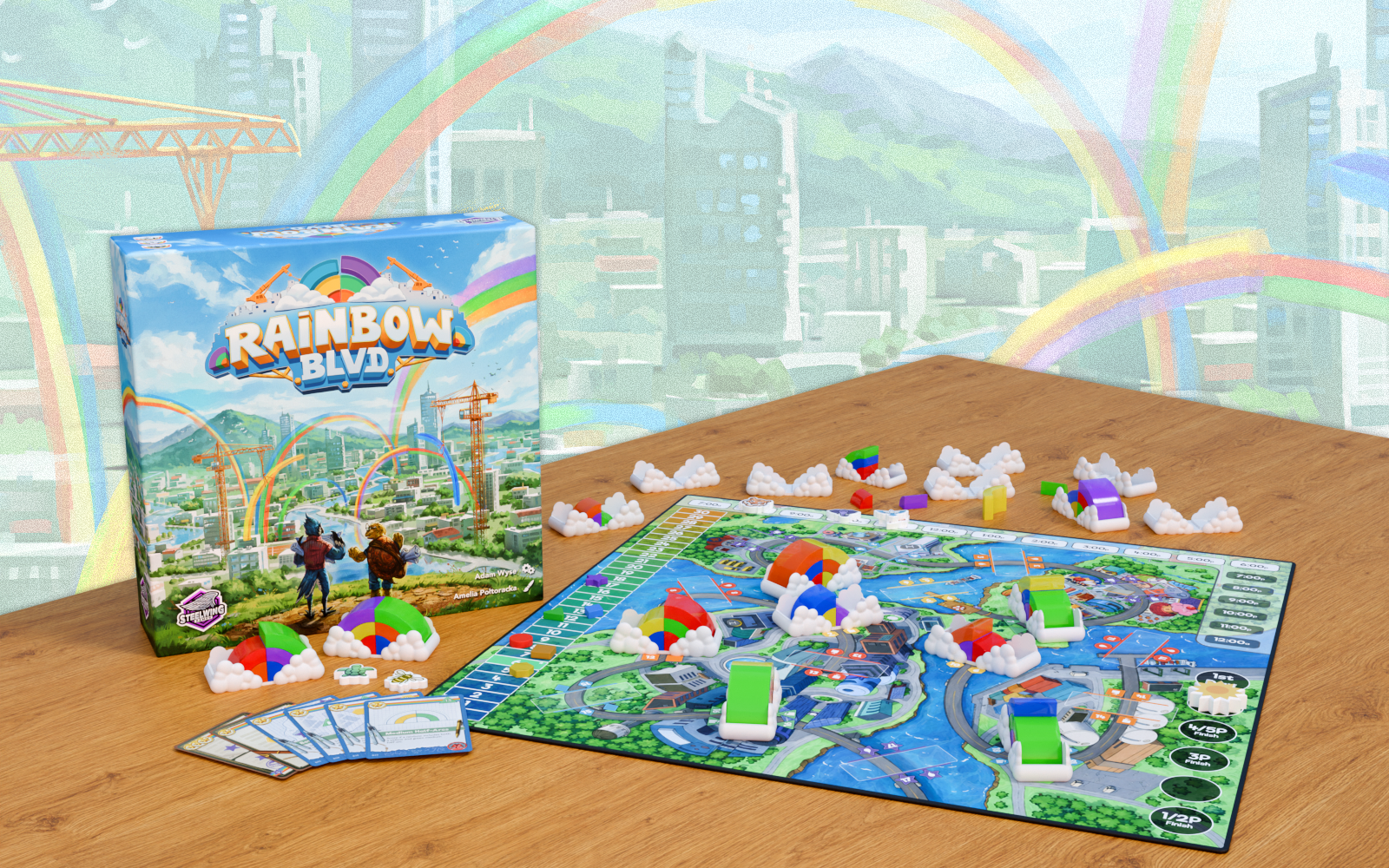 A tabletop board game called Rainbow Blvd with colorful game pieces, cards, and game elements on a wooden table against a background of a cityscape with rainbows.