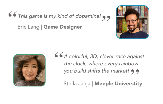 Quote by Eric Lang, game designer, with his portrait in the top right corner, and Stella Jahja from Meeple University, with her portrait in the bottom left corner.