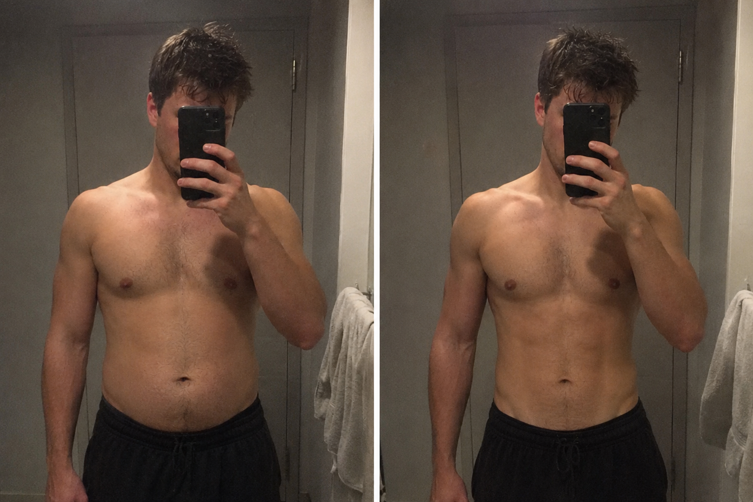 Side-by-side mirror selfies of a shirtless man, showing physical transformation with a toned and more muscular physique on the right.