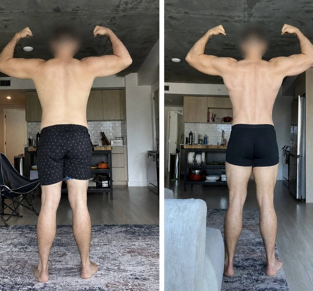 Side-by-side comparison of a muscular man flexing his back and arm muscles, wearing black shorts with polka dots on the left and plain black shorts on the right, standing in a modern apartment.