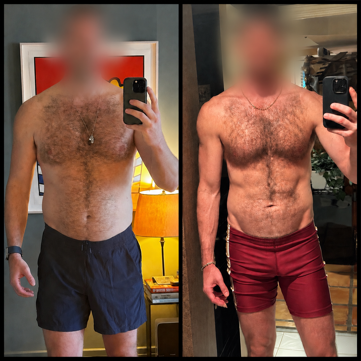 Comparison of a shirtless man taking mirror selfies in different settings, showing changes in body shape and muscle tone.