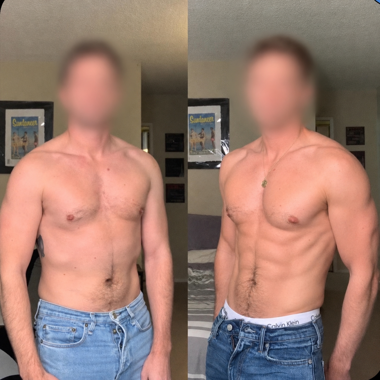 A side-by-side comparison photo of a shirtless man showing his before and after body transformation. The man has a muscular, defined chest and abs in the after photo, while his body appears less toned in the before photo. The background includes post