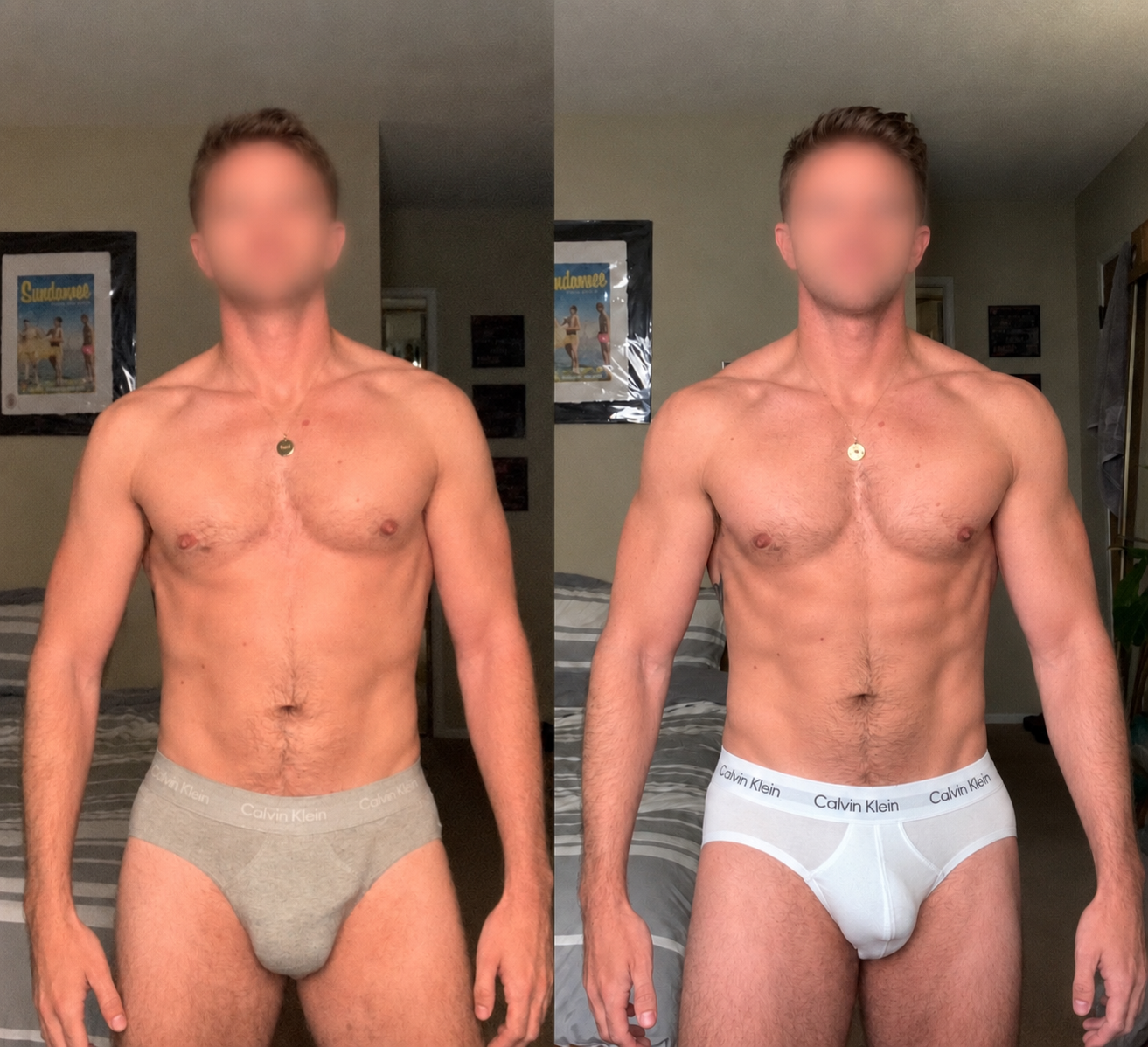 Comparison of a shirtless man before and after a fitness transformation, standing in a bedroom with a bed and framed pictures in the background, wearing Calvin Klein underwear in both photos.