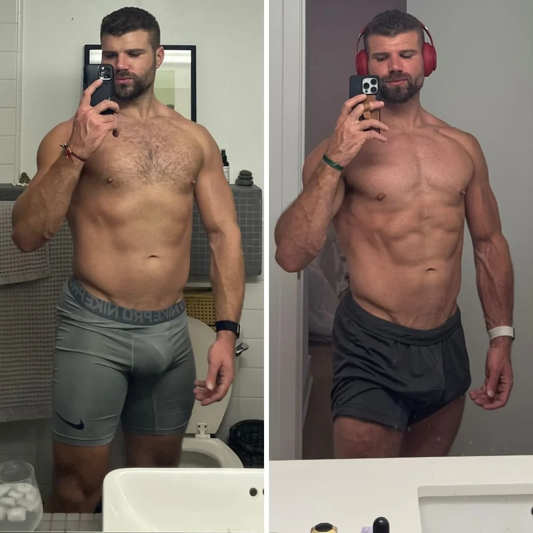 Side-by-side mirror selfies of a man showing his fitness transformation, shirtless, in a bathroom, with different muscles and body fat levels.