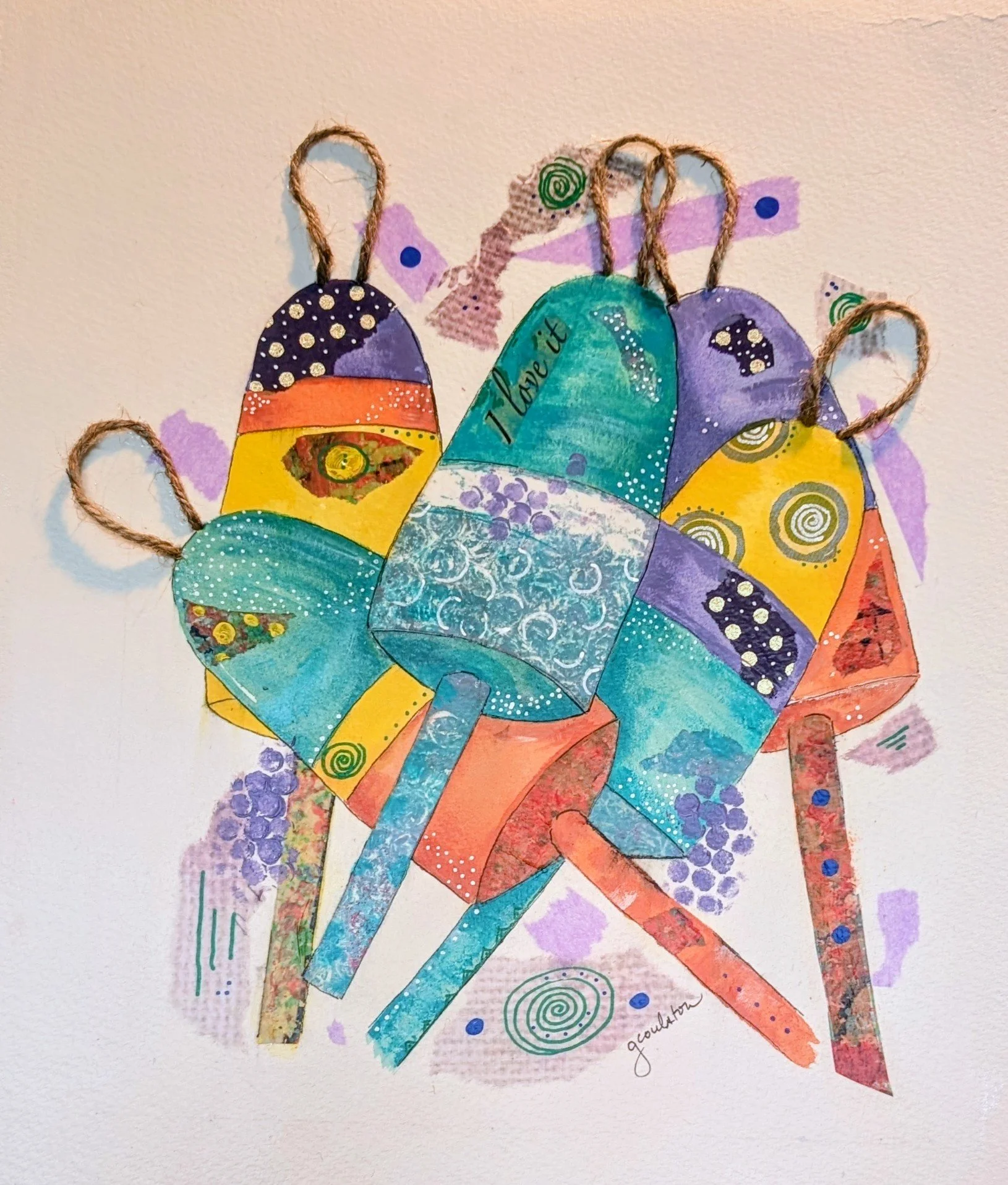 I Love it Buoys - Colorful four layer mixed media - watercolor, acrylic, collage and ink