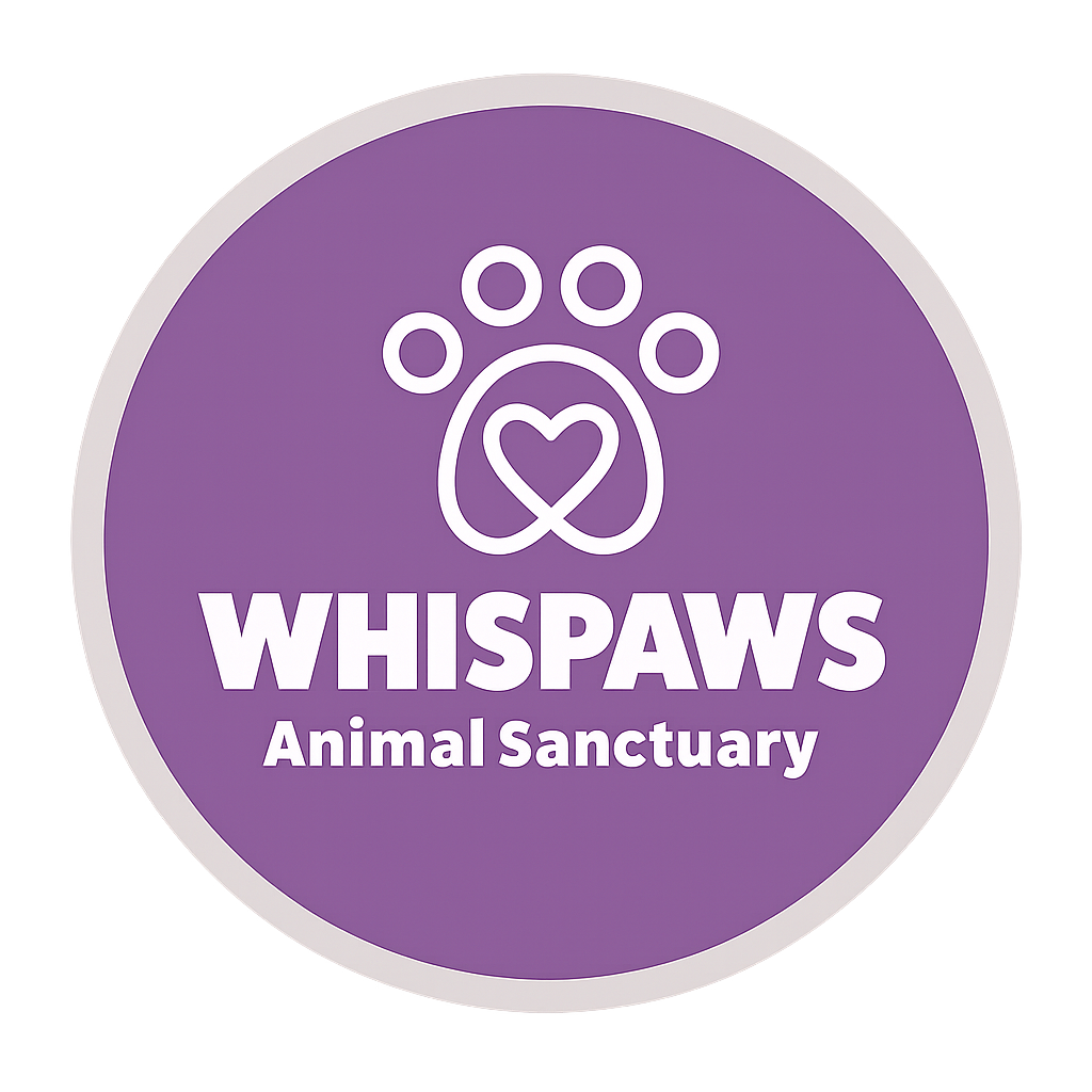 Purple circular logo for WHISPaws Animal Sanctuary featuring a paw print with a heart outline inside.
