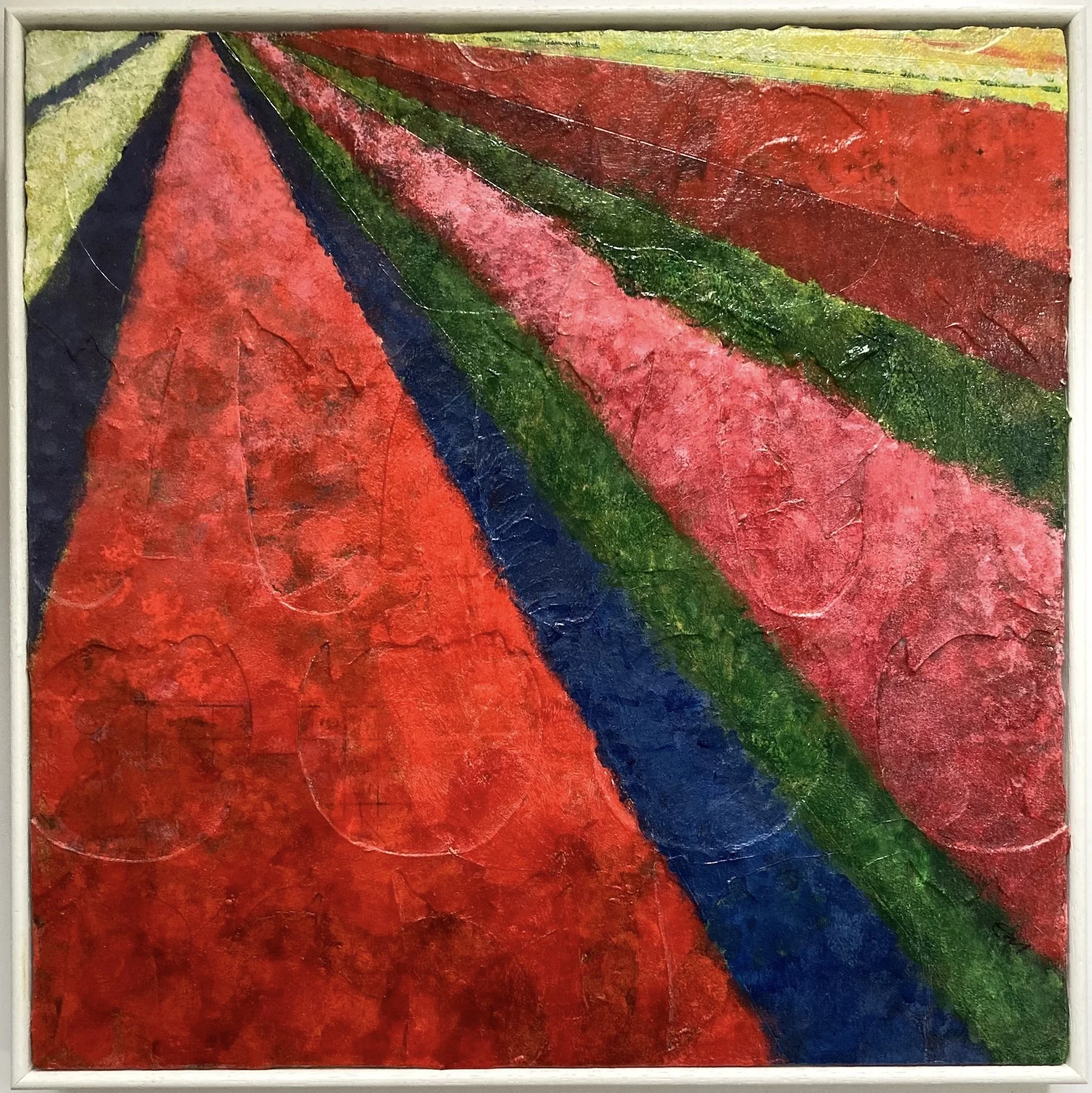 Lucy Mathers' painting called Tulimpsest shown framed in a slim white wood frame