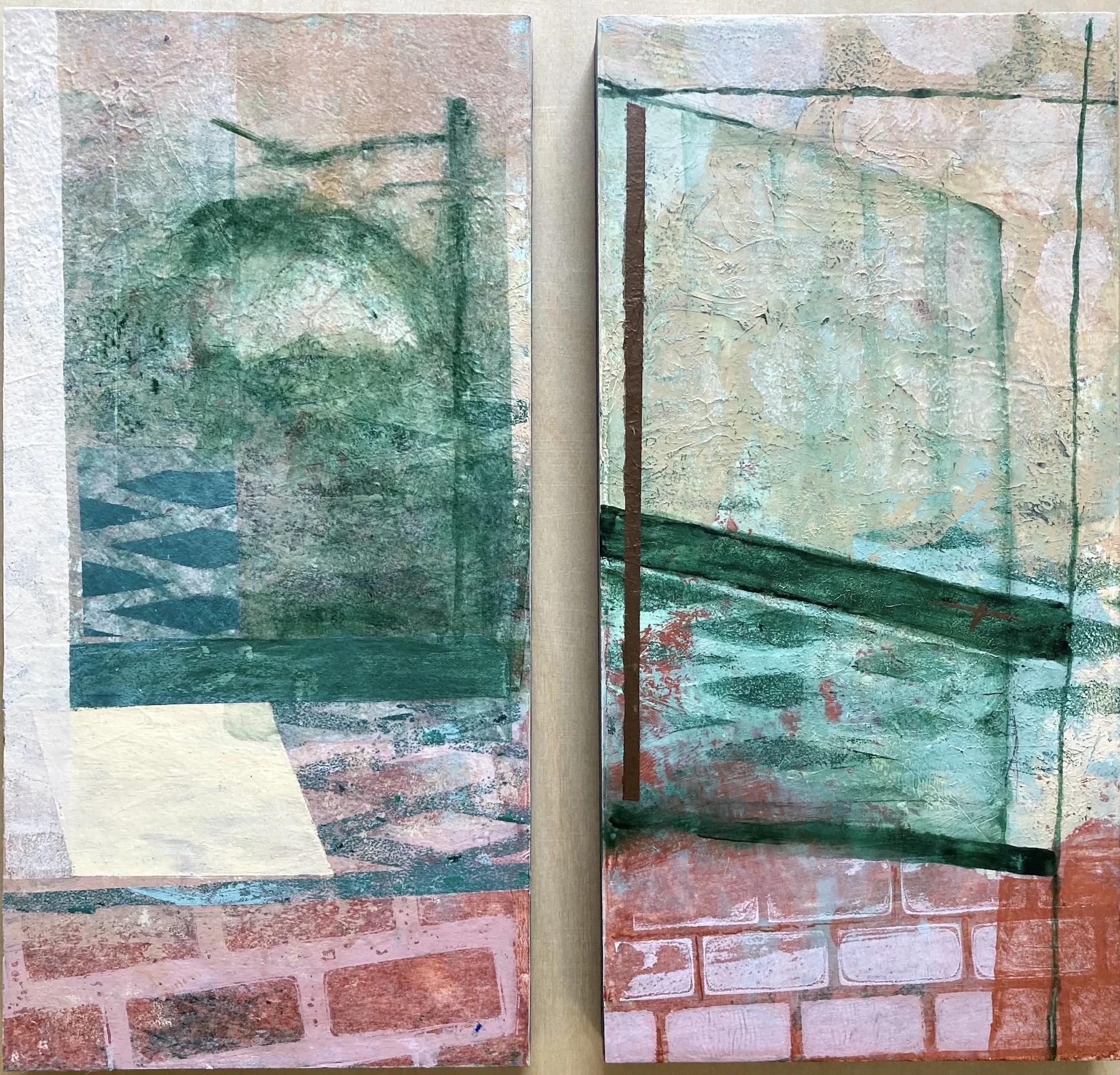 Reflections and Shadows (diptych) ~ Two 15cm x 30cm acrylic, collage and mixed-media on wood panels ~ £275 framed in simple white wood tray frames, sold as a pair only.