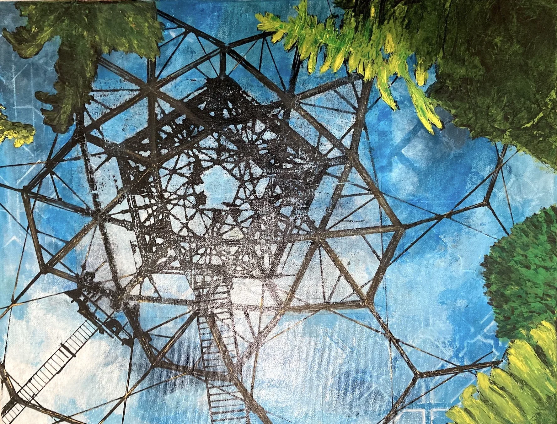Lucy Mathers' painting called Eden View. A view of the viewing platform in the Eden Project biome from below, you can see the sky through the roof and collaged and painted plants.