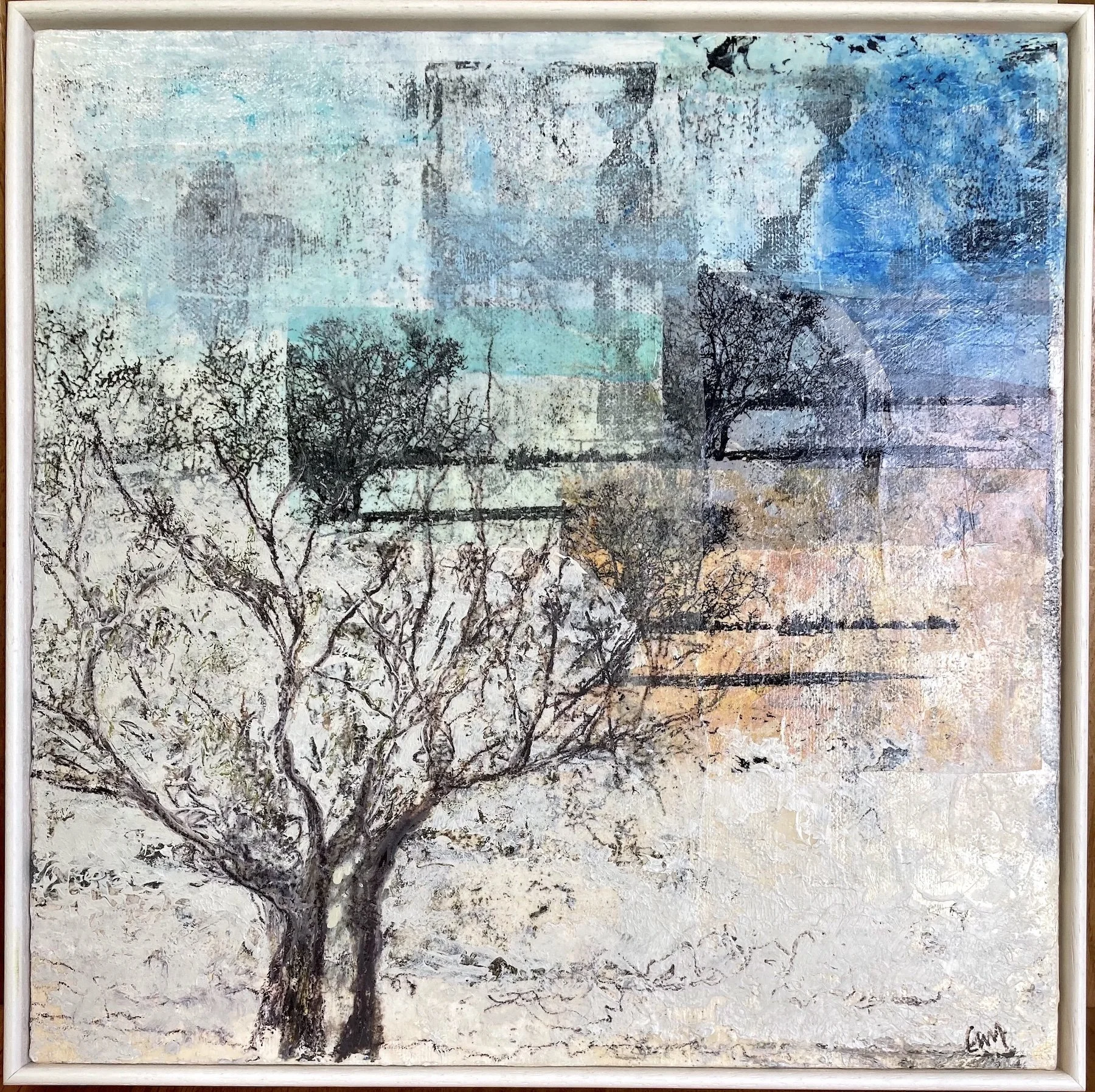 Lucy Mathers' painting called Waiting for Rain shown in a slim white wood frame.