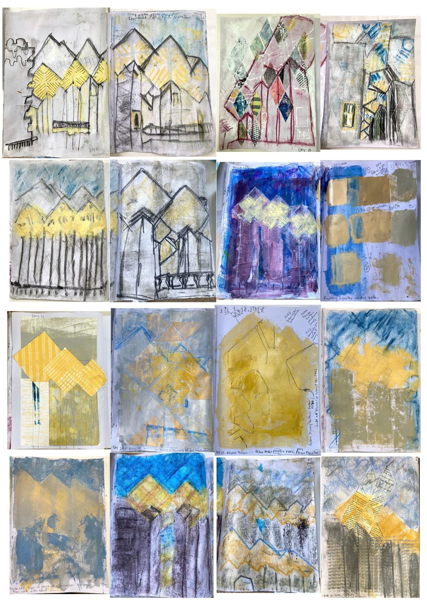 A collection of sixteen of Lucy Mathers' sketchbook pages exploring the lines, shapes and colour of the Cube Houses (Kubuswoning) in Rotterdam