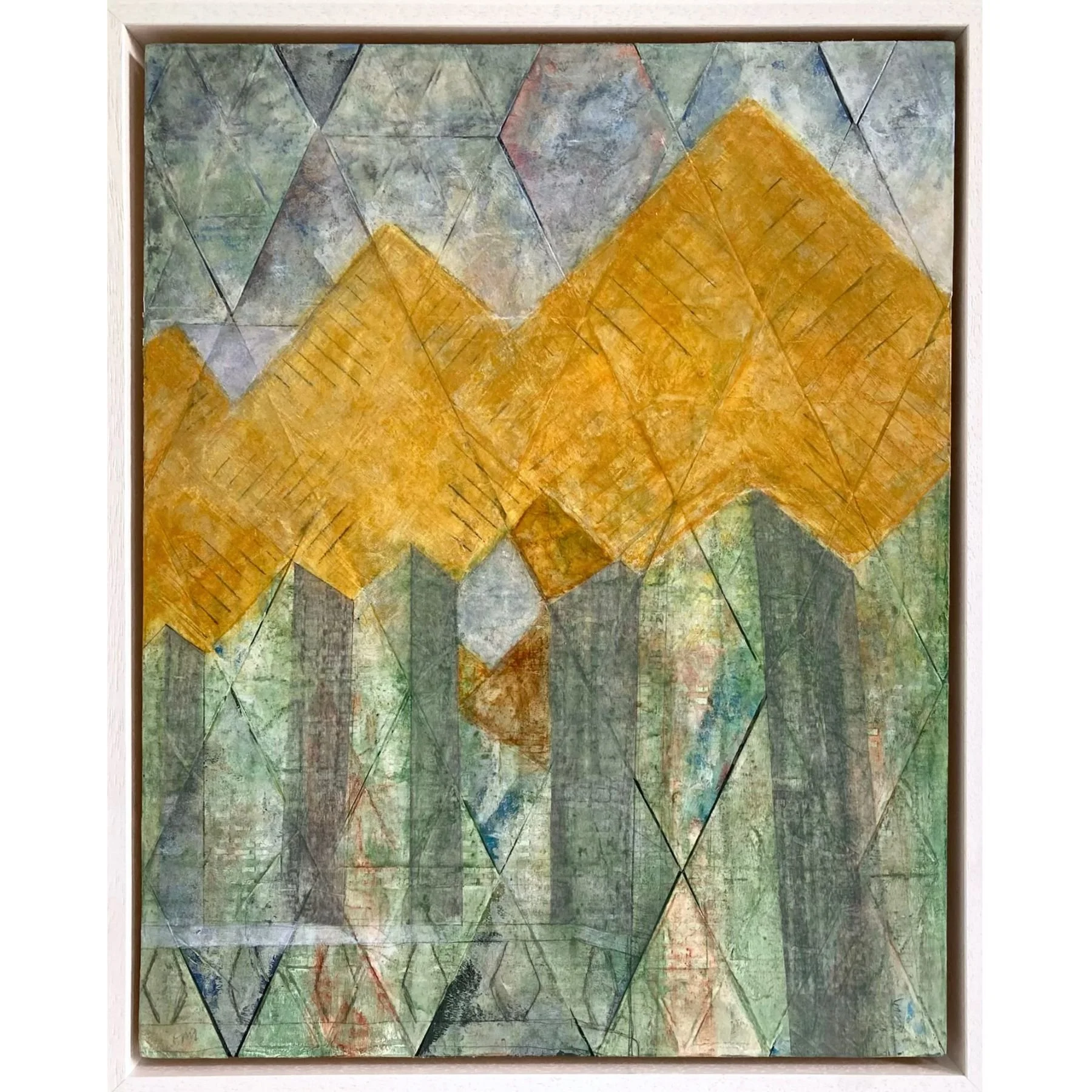 Cubes and Diamonds ~ Mixed media on cradled wood panel in white wood tray frame ~ £380