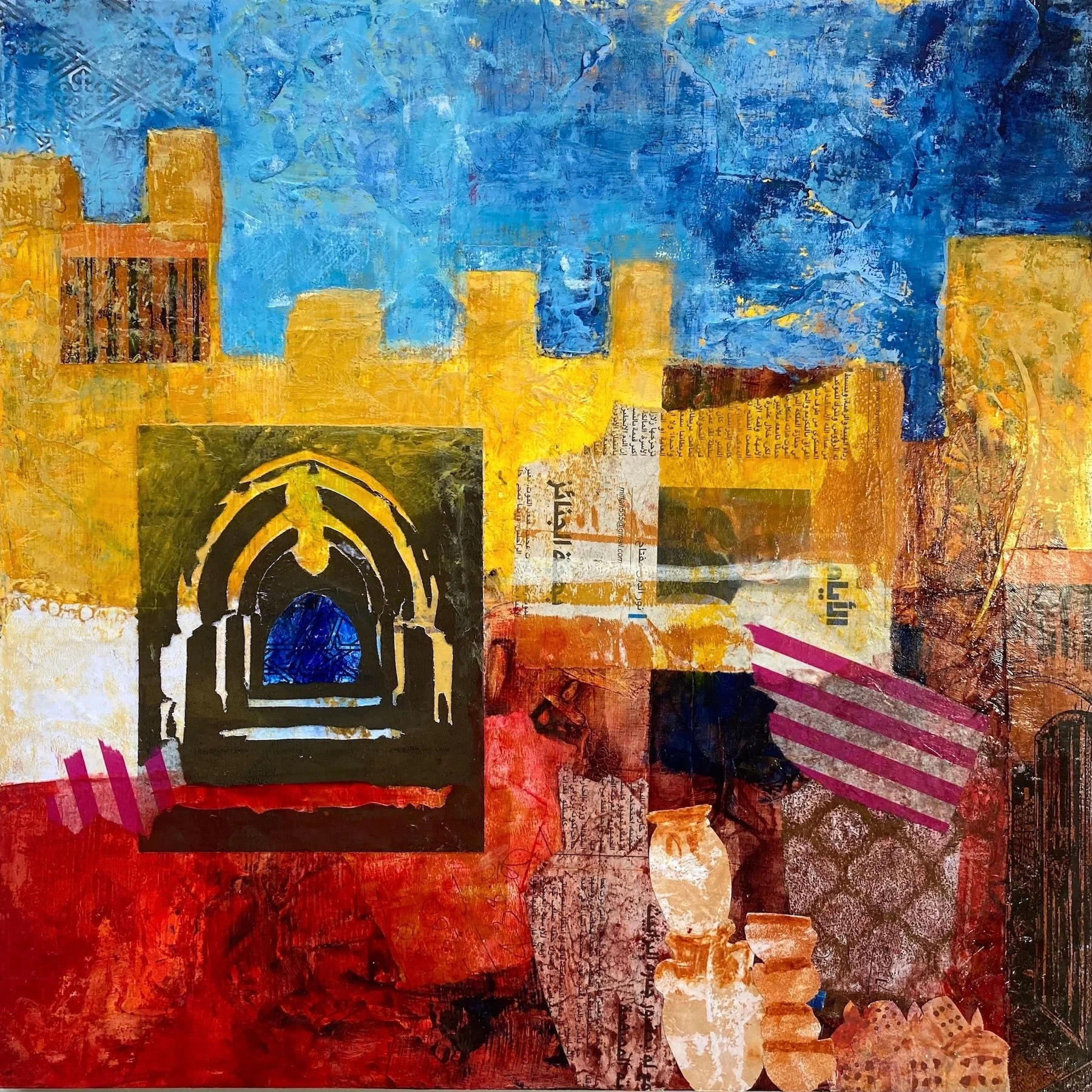 Lucy Mathers Painting called City Walls, a bright Moroccan-inspired collage painting in Moroccan blues, Yellows and reds