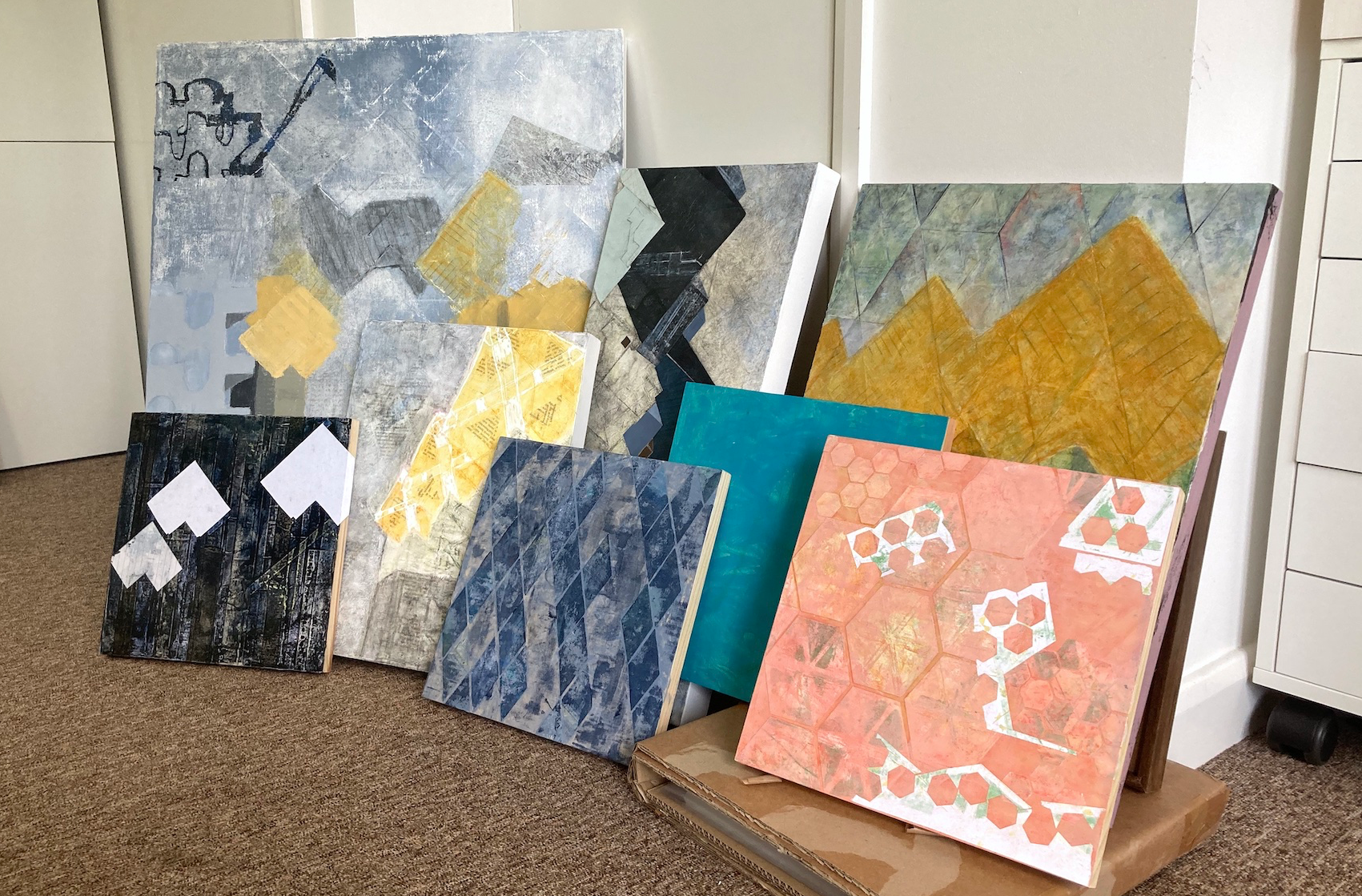 A collection of in-progress paintings by Lucy Mathers, all exploring the theme pattern and place in relation to the Cube houses (Kubuswoningen) in Rotterdam, The Netherlands