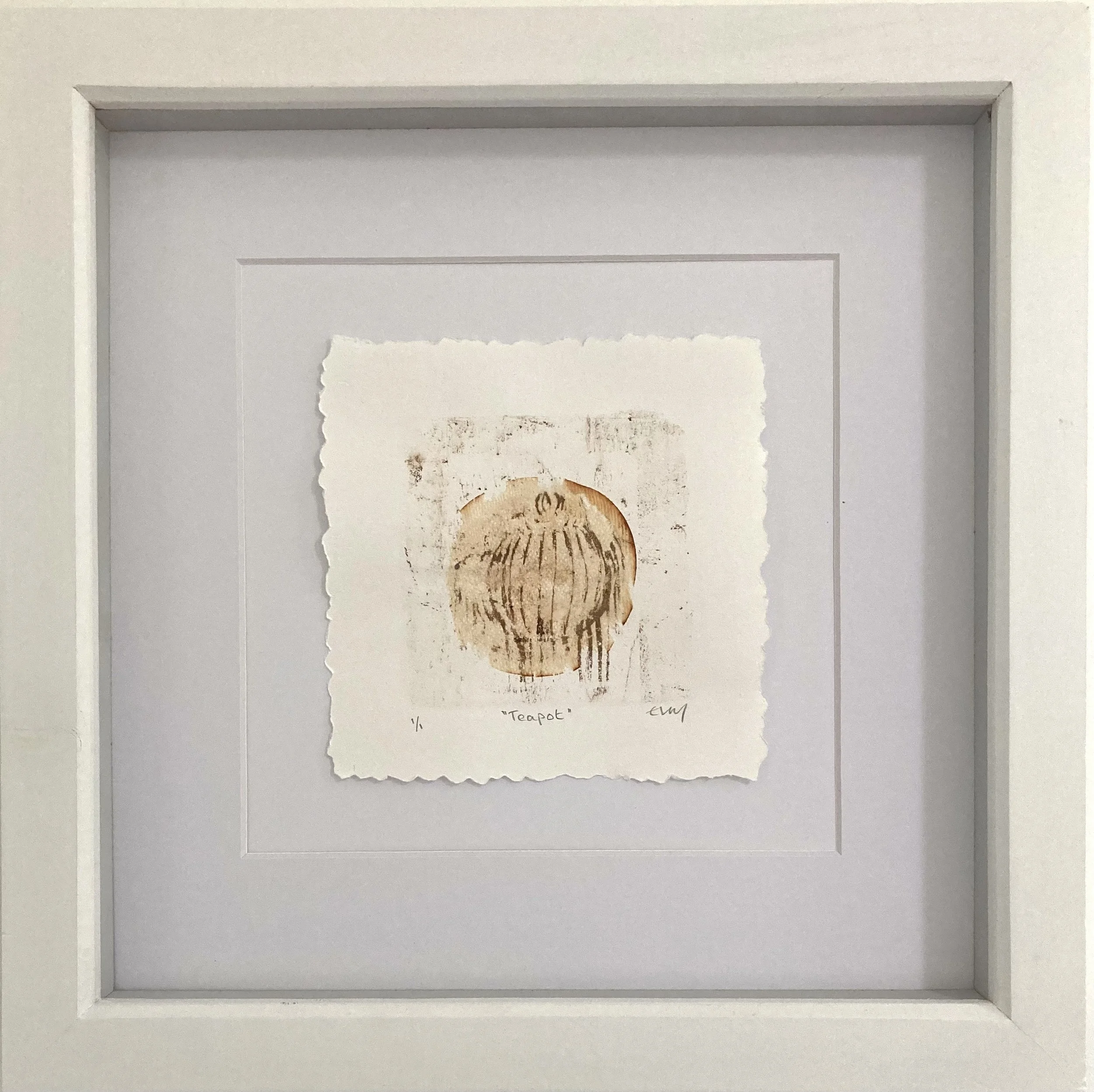 Framed painting of a teapot gel print on teabag chine collé by artist Lucy Mathers