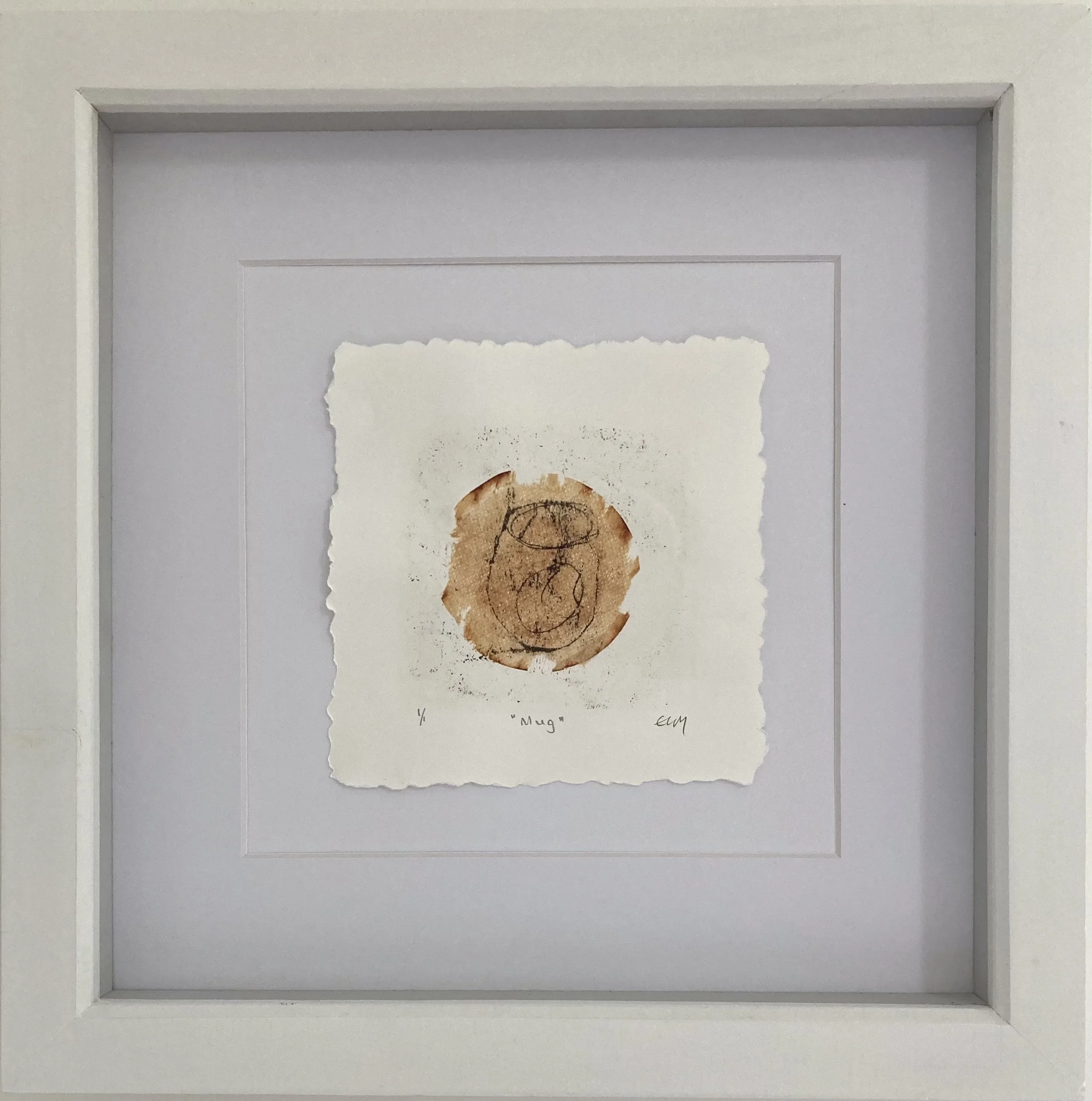 Framed painting of a mug gel print on teabag chine collé by artist Lucy Mathers