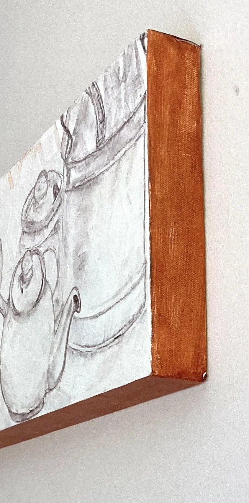 Lucy Mathers' painting called (In) Formation, shown from the side, hanging on a wall