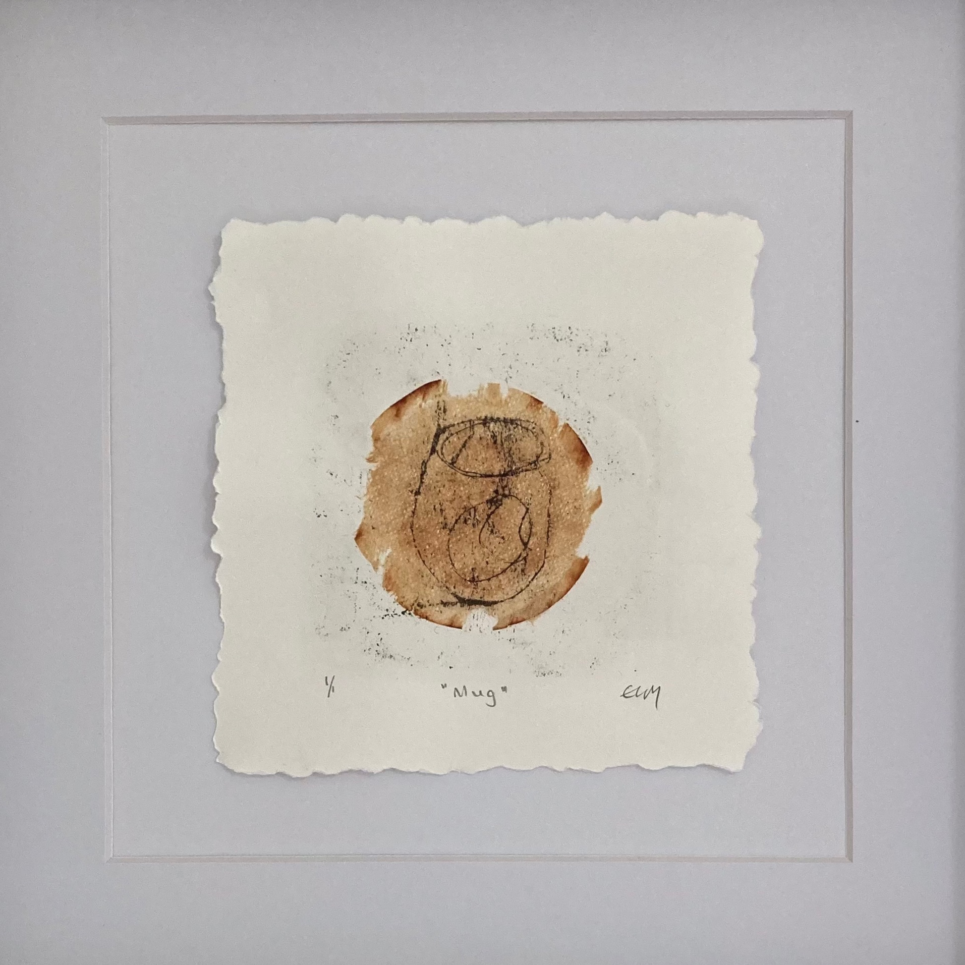 Lucy Mathers' painting called Mug. A monotype print made on the gel printing plate using a laser image transfer of original artwork onto a teabag chine collé. The edges of the paper have been deckled. The painting is float mounted, mounted and framed