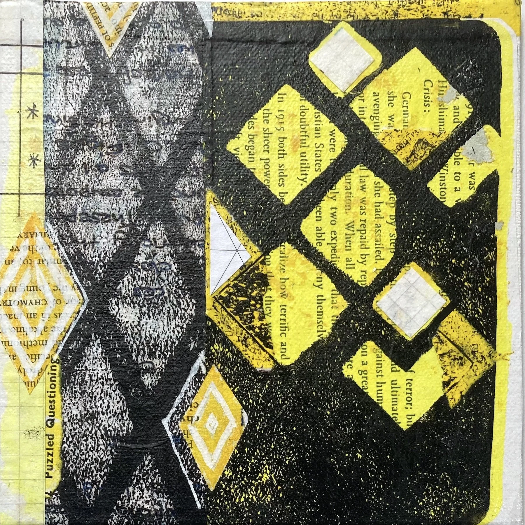 Puzzled Questioning ~ 6" square ~ Acrylic collage on canvas board ~ £85 framed in simple white wood frame