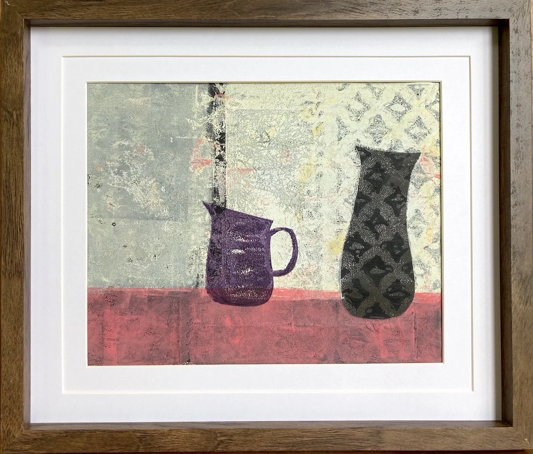 Lucy Mathers' painting called What's Going On Over There? shown framed in a dark wood frame with double mount.