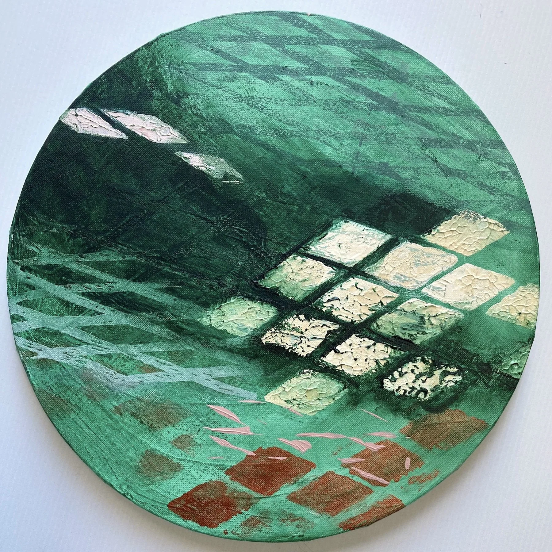 Within the Shadows ~ 12" diameter ~ acrylic on canvas  – £255 unframed but the sides are finished in a lush dark green, ready to hang.