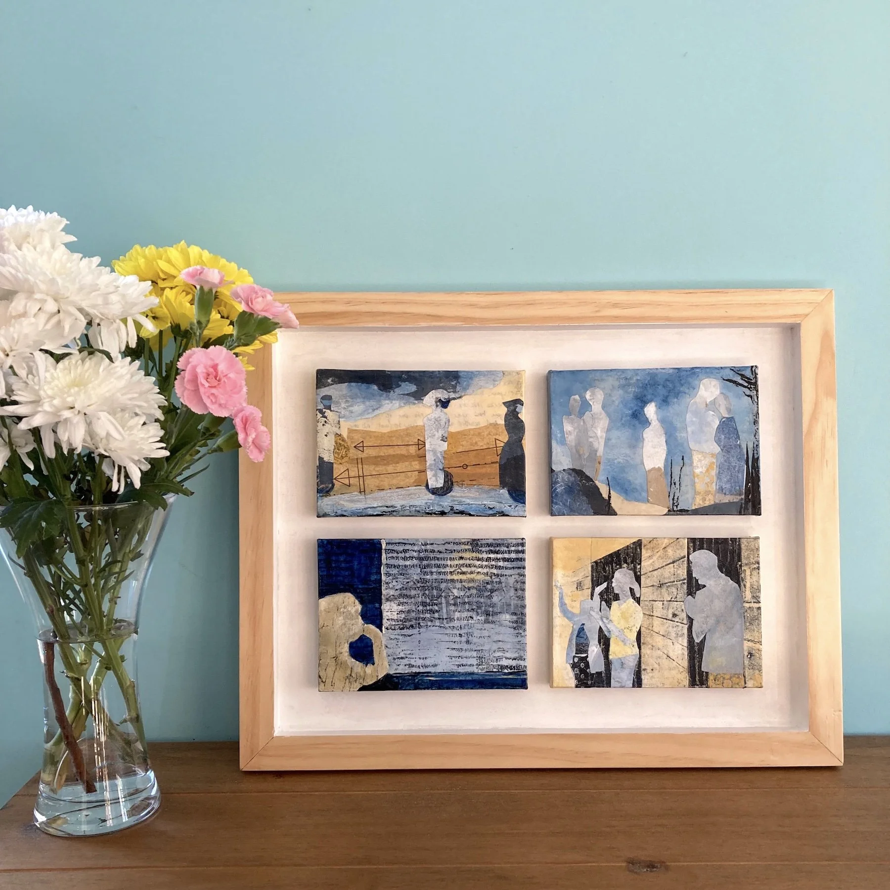 Life in Lockdown ~ Four mini (5" x 7") collage paintings sitting within a 16" x 20" frame ~ £330, ready to hang.