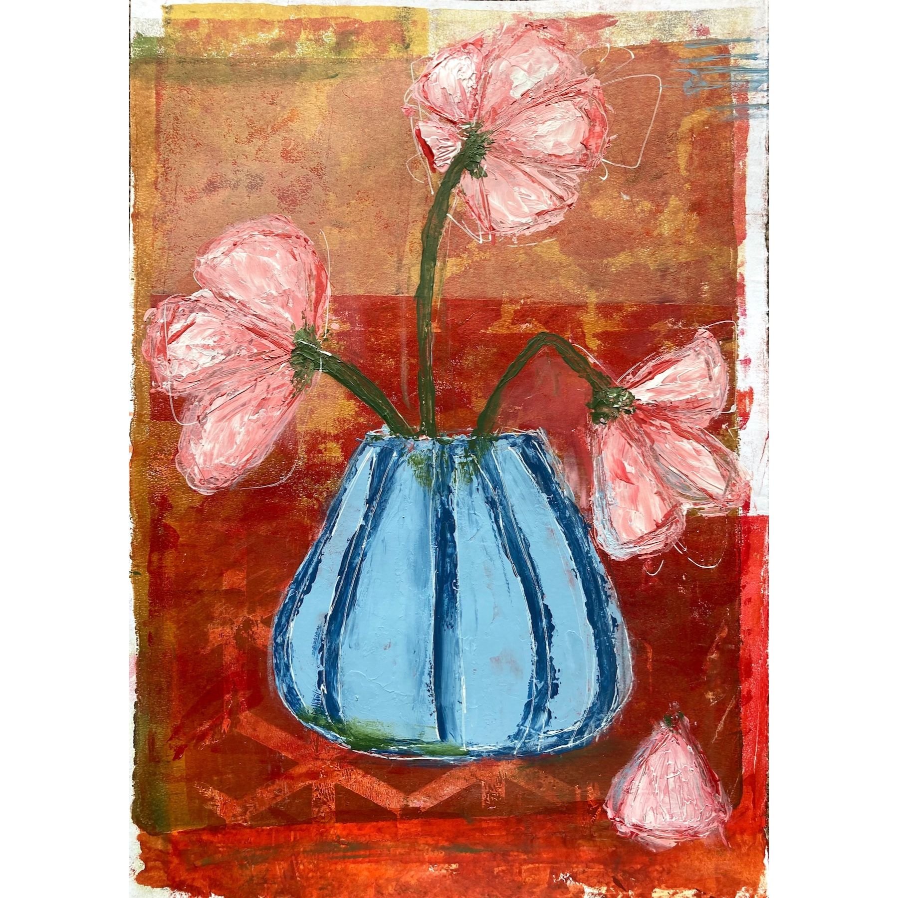 Stripy Blue Vase ~ A4 Acrylic and collage on 220gsm cartridge paper mounted on cradled wood panel ~ £170 ready to hang