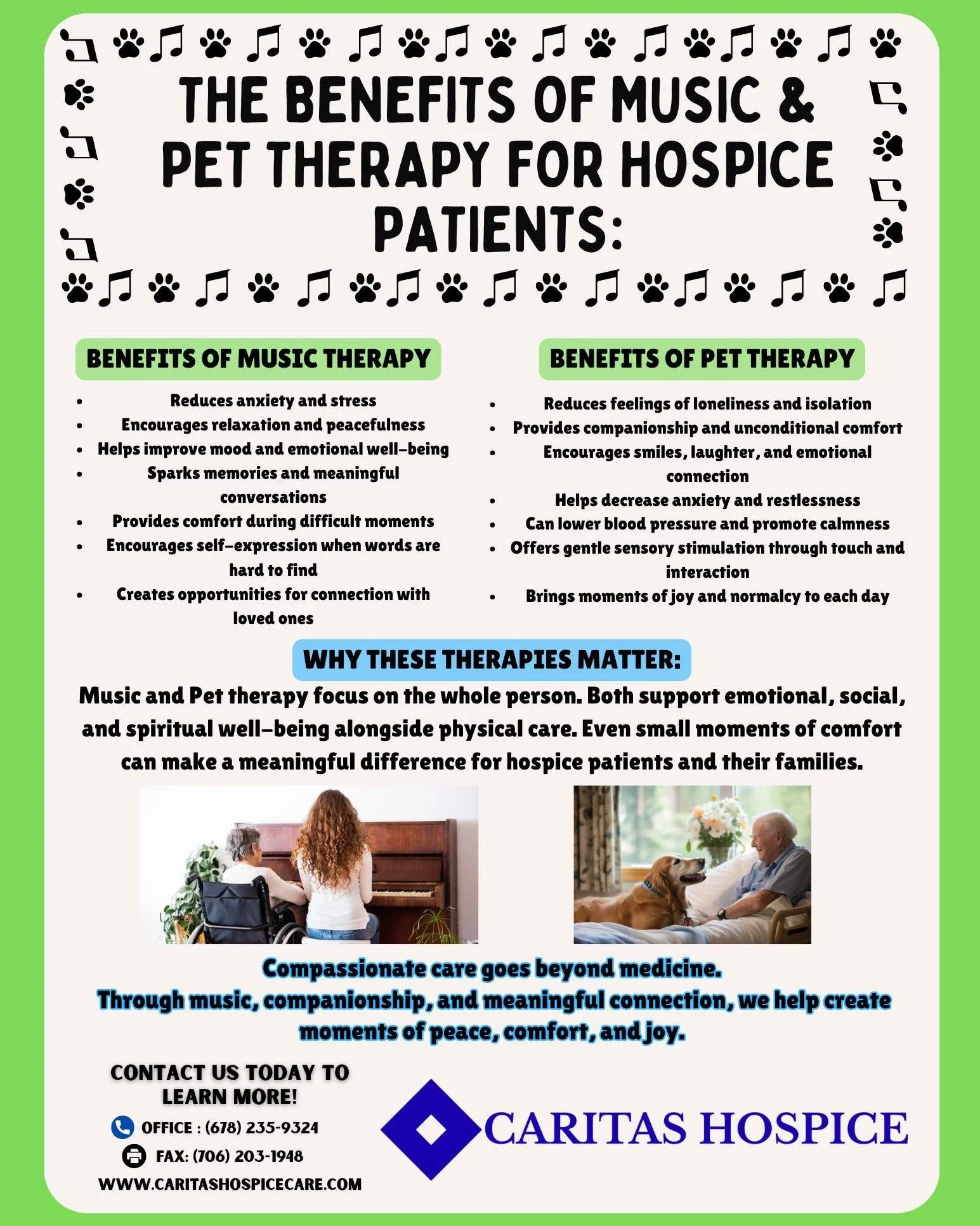 Comfort comes in many forms. 🎶🐾 Music and Pet Therapy can bring peace, joy, connection, and comfort to hospice patients&mdash;supporting the whole person beyond physical care. 💙 #CaritasHospice #PetTherapy #MusicTherapy #HospiceEducation