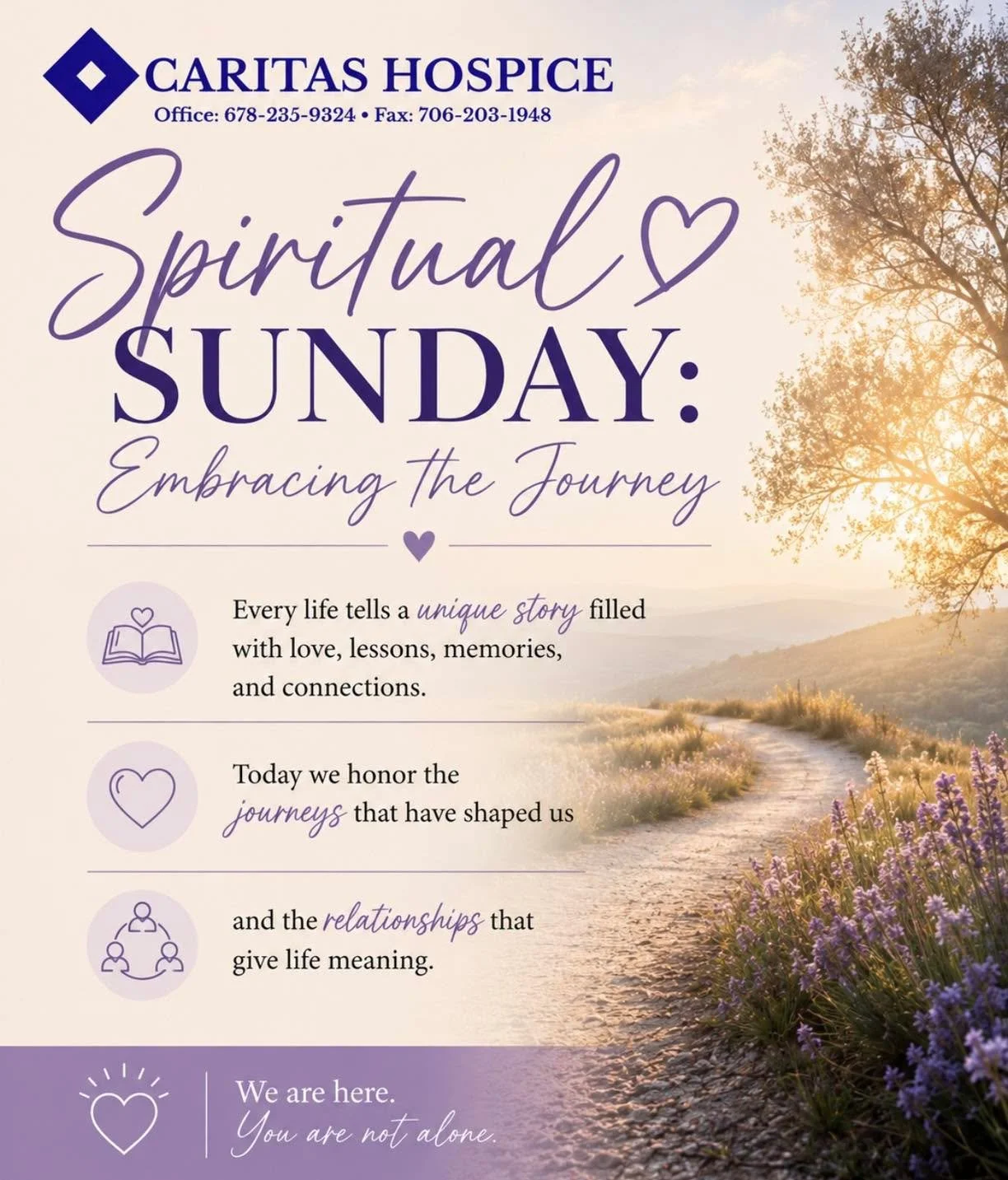On this Spiritual Sunday, we are honoring the journeys that shape our spirit; the love we&rsquo;ve shared, the lessons we&rsquo;ve learned, and the connections that continue to guide us forward. 💜😇 #CaritasHospice #SpiritualSunday