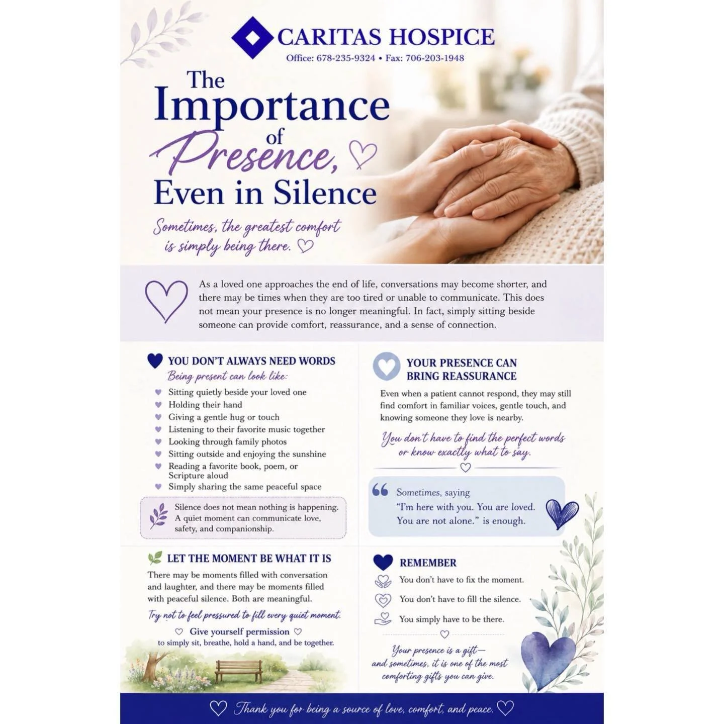 Sometimes, you don&rsquo;t need the perfect words. Your presence alone can bring comfort, peace and connection. ❤️ #CaritasHospice #HospiceEducation