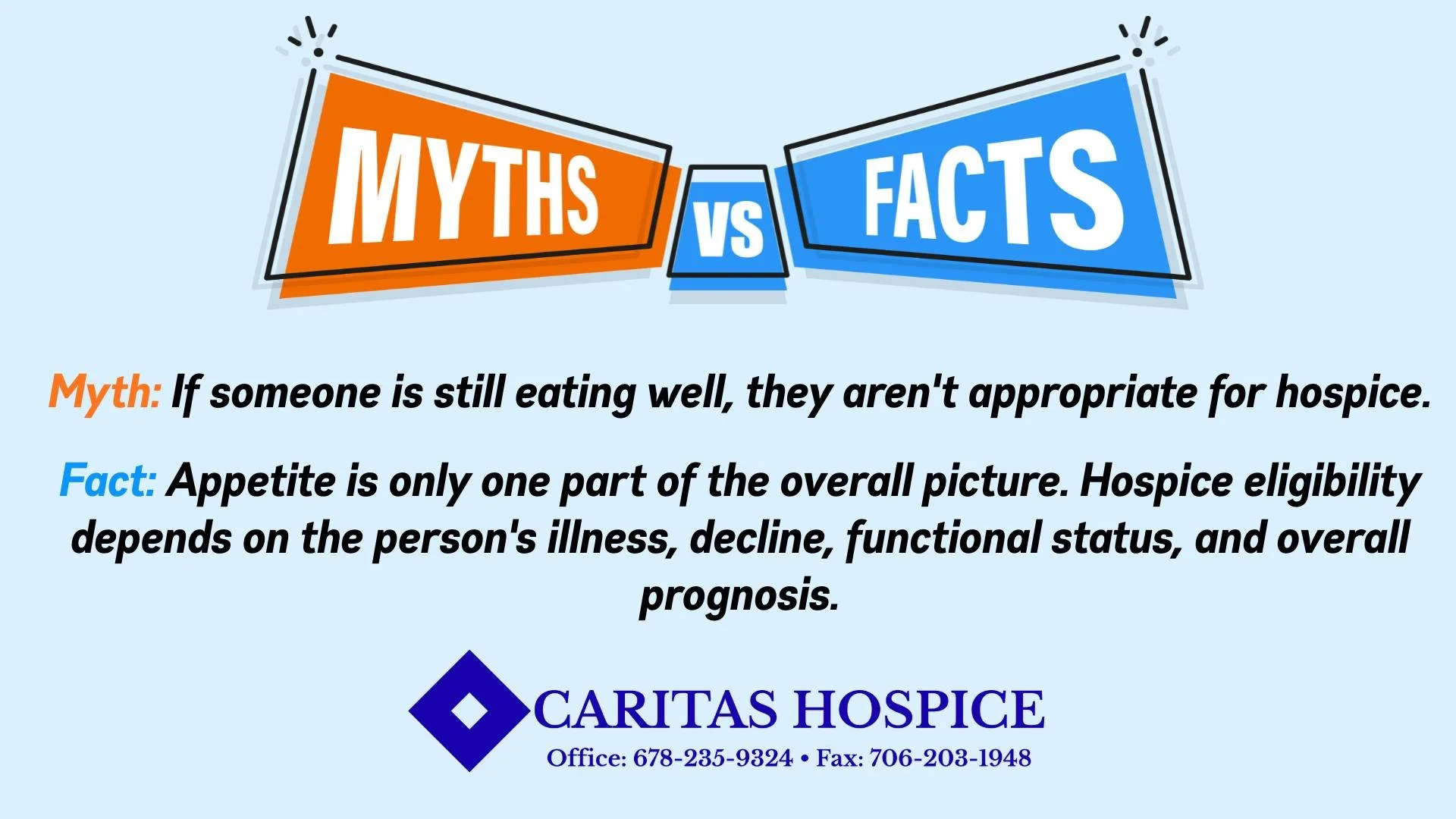 It's time for Monday Myth Busting! 🎉Just because someone is still eating well doesn&rsquo;t mean hospice isn&rsquo;t right for them. Every patient&rsquo;s journey is unique, and hospice eligibility looks at the whole picture&mdash;including illness,