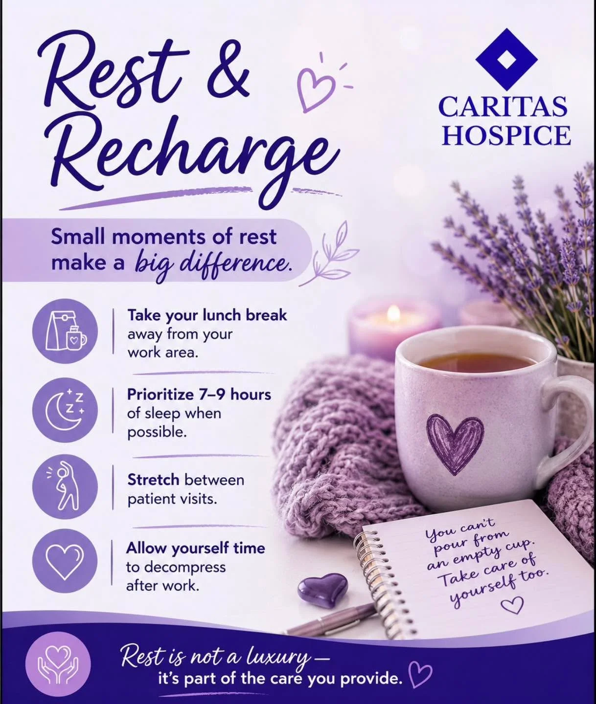Self Care Saturday: Caring for others starts with caring for yourself. 💜 Small moments of rest can help you recharge, reduce stress, and continue providing compassionate care.  #CaritasHospice #SelfCareSaturday #CaregiverSupport