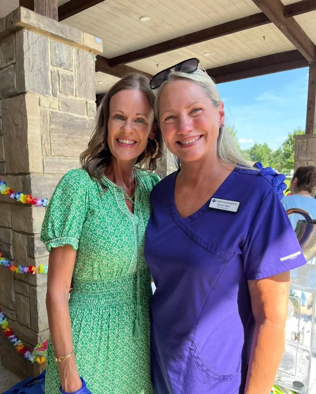 Robin &amp; Darice had some Luau fun with our friends at North Georgia Assisted Living! 🏝️☀️ We had such a great time soaking up the sunshine, enjoying delicious snow cones and making sweet memories together. 💕🌺🍧 #CaritasHospice #LuauParty