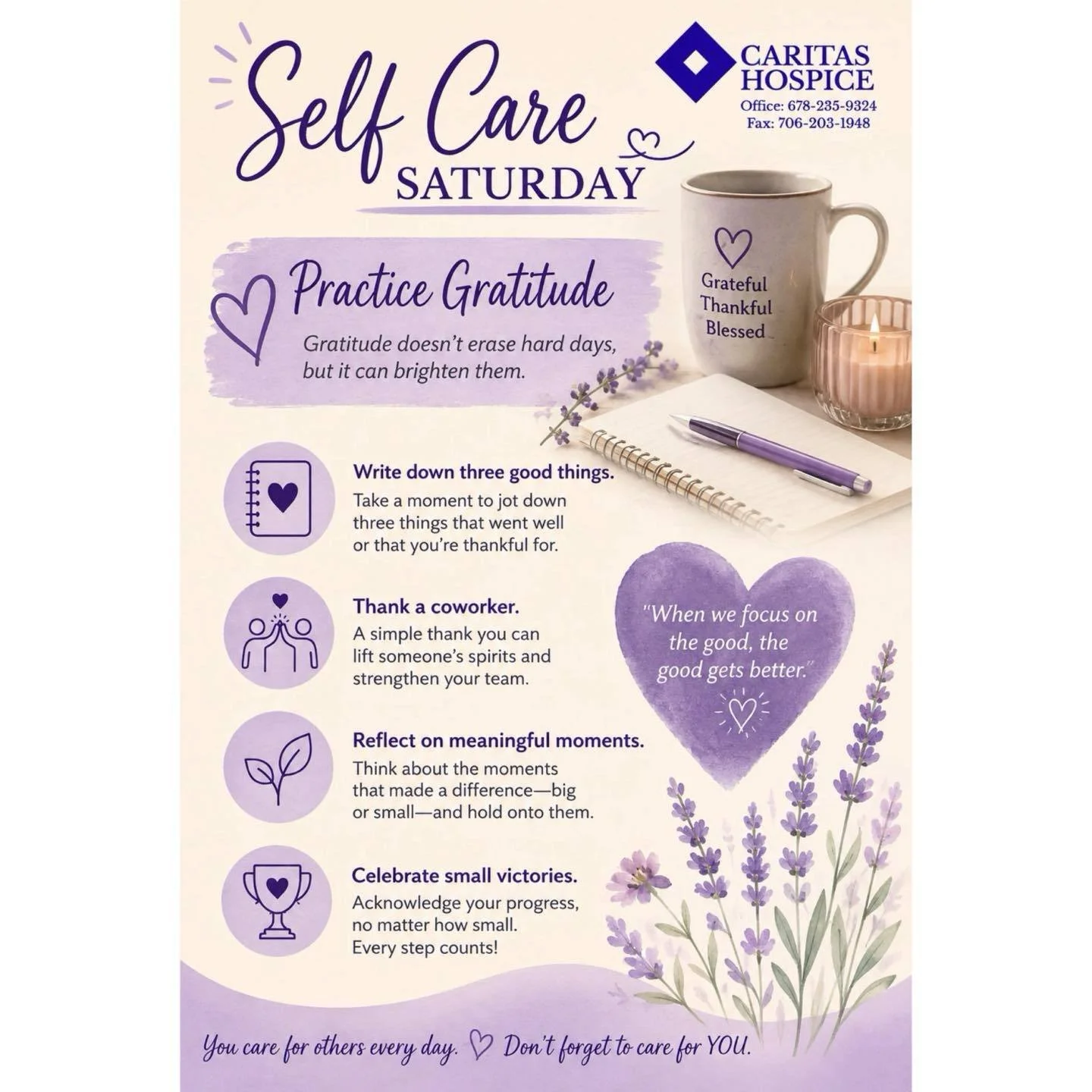 A little gratitude can go a long way. 💜 On this Self Care Saturday, take a moment to notice the good, celebrate the small wins, and appreciate the moments that matter. ✨ #SelfCareSaturday #CaritasHospice