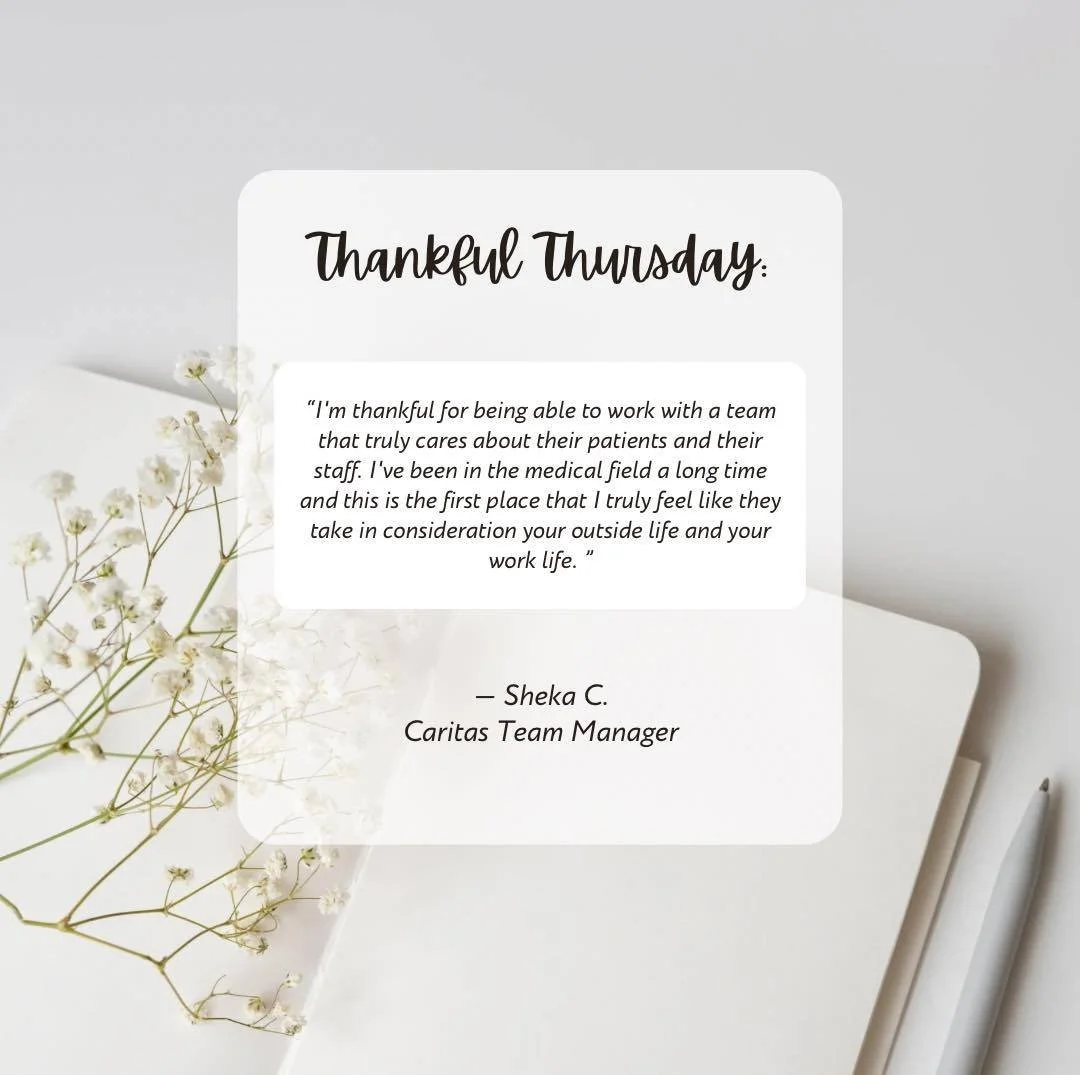 On this Thankful Thursday, Sheka, one of our Caritas Team Managers, shared what she&rsquo;s most thankful for: being part of a team that truly cares for both our patients and one another. 🩵 #CaritasHospice #ThankfulThursday