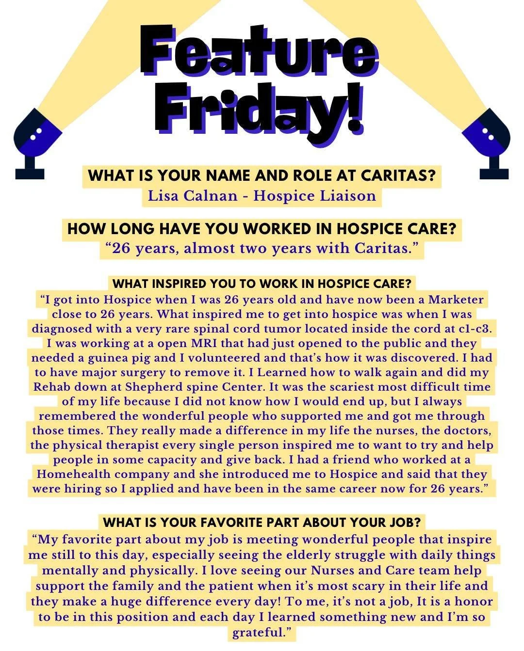It&rsquo;s Feature Friday! 🎉 Today we&rsquo;re shining the spotlight on Lisa! 💙 Her compassion, dedication, and heart truly embody what we&rsquo;re all about. Join us each week in celebrating the faces behind Caritas.🌟 #FeatureFriday #TeamSpotligh