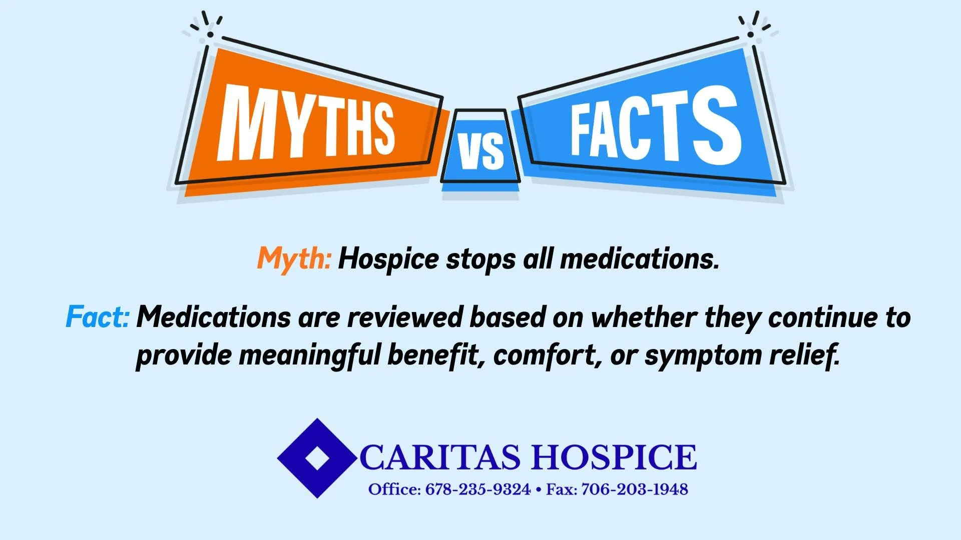 It's time for Monday Myth Busting! 🎉One common misconception is that hospice means stopping all medications. In reality, medications are carefully reviewed to determine what continues to provide comfort, symptom relief, and meaningful benefit. 🩵 #C