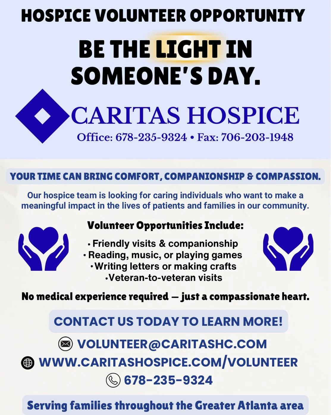 💙Make a difference! Share your heart!💙

We are looking for caring, compassionate volunteers to bring value to someone's life!🌻

Interested in making a difference? Contact us to learn more! 💛
#Hospice #HospiceCare #HospiceVolunteer #Volunteer #Vol
