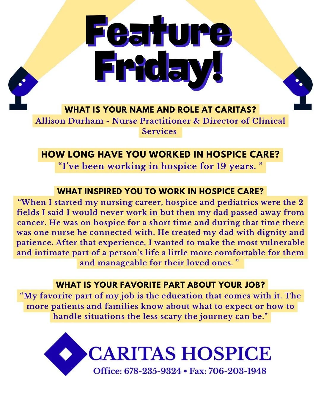 It&rsquo;s Feature Friday! 🎉 Today we&rsquo;re shining the spotlight on Allison! 💙 Her compassion, dedication, and heart truly embody what we&rsquo;re all about. Join us each week in celebrating the faces behind Caritas.🌟 #FeatureFriday #TeamSpotl