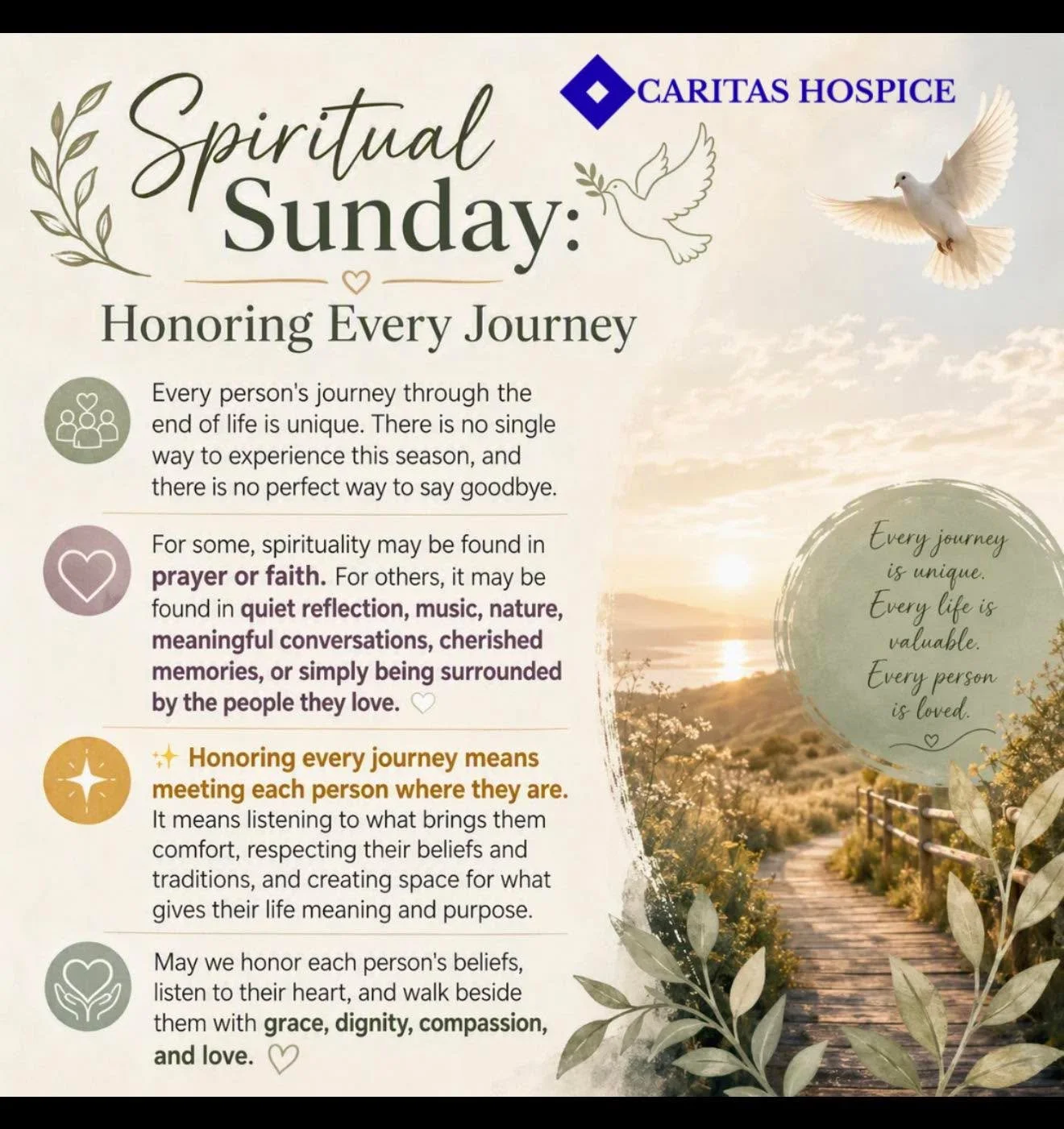 On this Spiritual Sunday, we are honoring the quiet, sacred spaces of every journey. The memories that shape us, the love that carries us, and the gentle presence that reminds us we&rsquo;re never walking alone. May we meet each person where they are