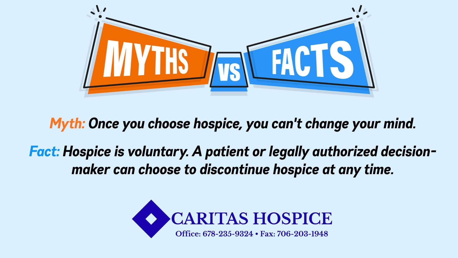 There are many misconceptions about hospice care. Here's one truth: Hospice is a voluntary benefit, and patients can discontinue services at any time. Knowledge empowers families to make the best decisions for their loved ones. 💙🧡#CaritasHospice #H