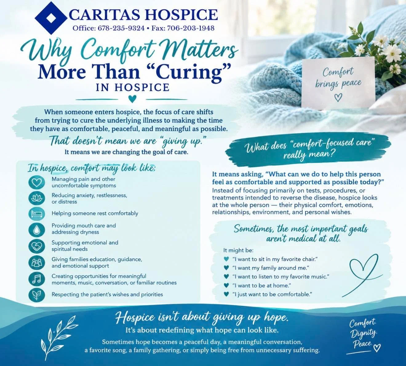 When a cure is no longer the focus; comfort, dignity, peace &amp; meaningful moments become the priority. Hospice is about supporting the whole person and helping patients and families make the most of the time they have together. 🩵 #CaritasHospice 