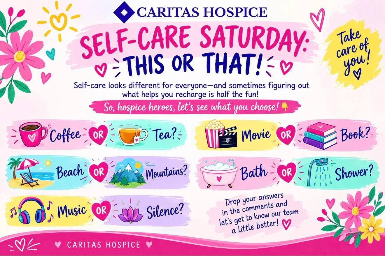It&rsquo;s Self Care Saturday! 🎉 Self care looks different for everyone, and sometimes figuring out what helps you recharge is half the fun. Let&rsquo;s play a fun game of This or That! 🤩 Drop your answers in the comments below! 🩷 #CaritasHospice 