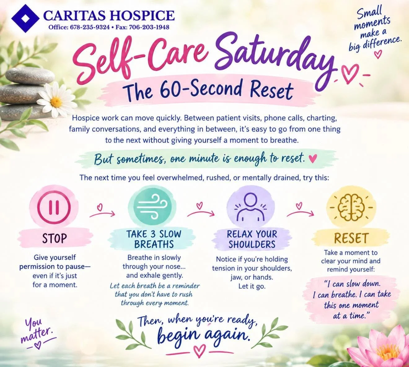 You don&rsquo;t always need a long break to reset; sometimes, just 60 seconds can make a difference. 🩷 Pause. Breathe. Relax your shoulders. Clear your mind. Then take the next moment one step at a time. ⏰ #CaritasHospice #SelfCareSaturday